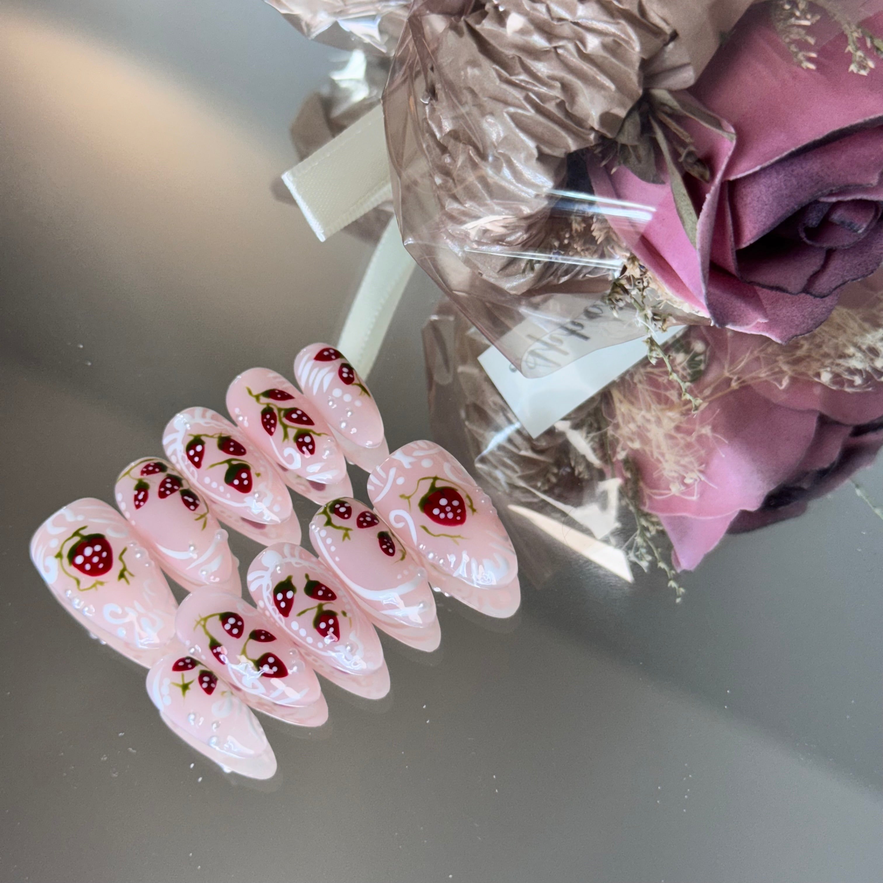 Strawberry Milk Nail Set – Cute Pink Press-On Nails with Berry Design