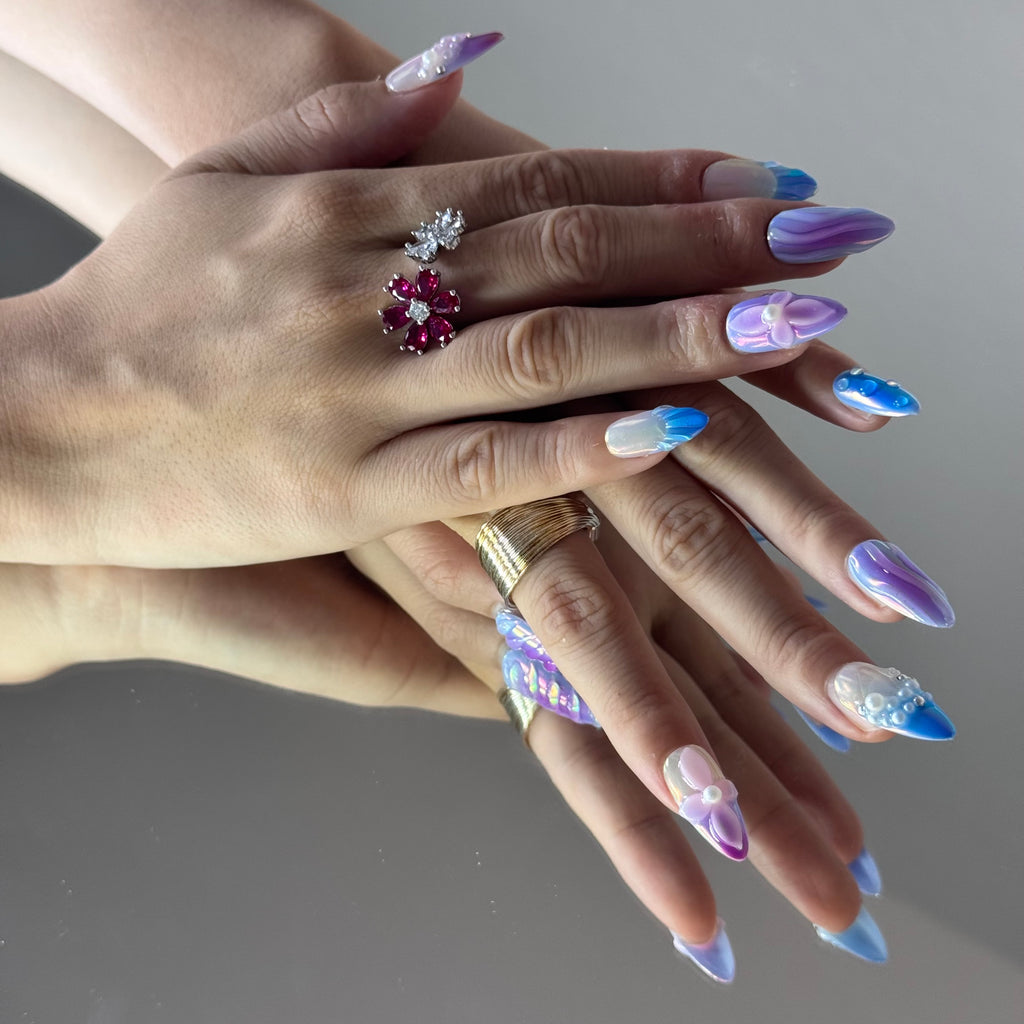 Aurora Ocean Press-On Nails – 3D Flower & Pearl Design