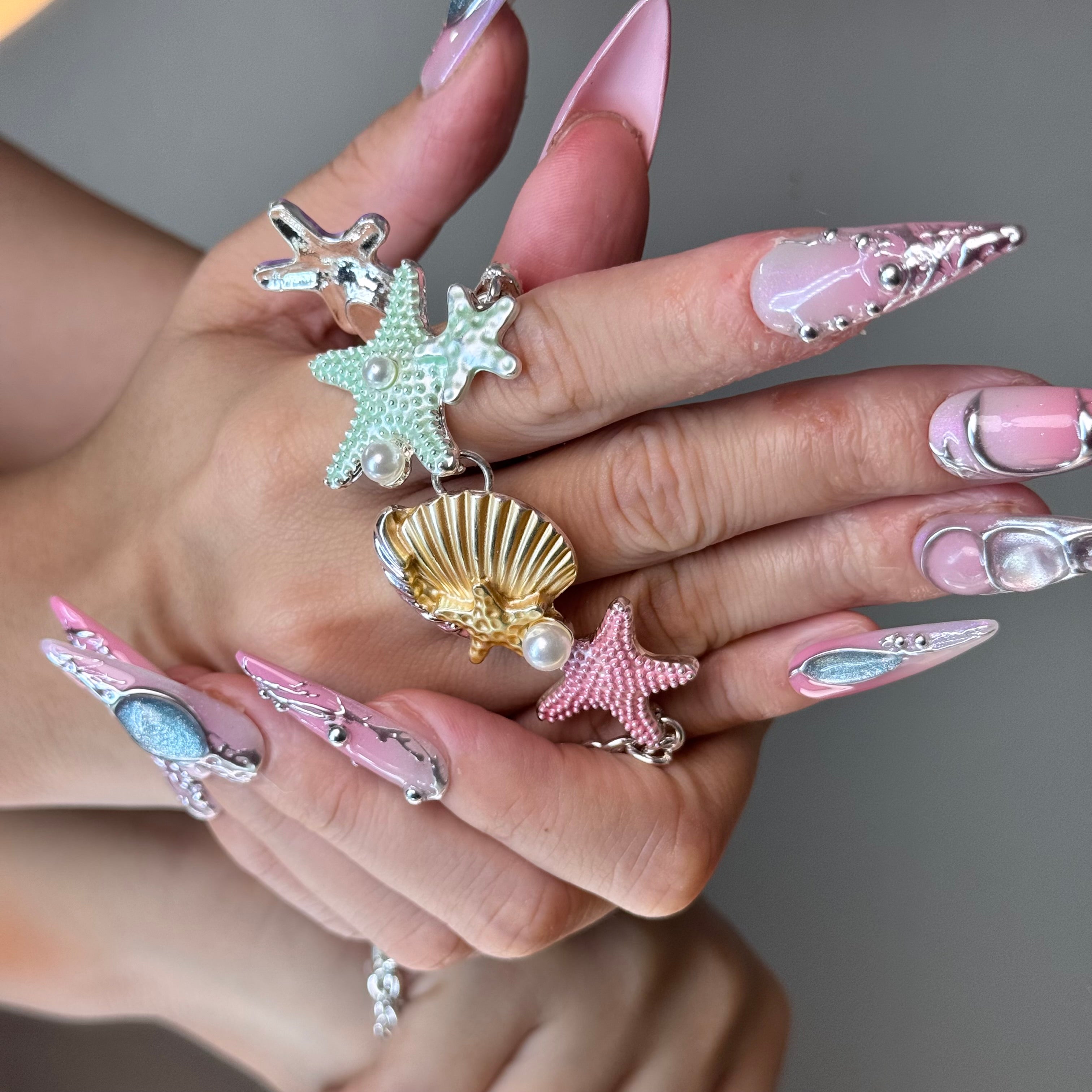 Mermaid Pink Chrome Nail Set – Ocean-Inspired Long Stiletto Press-On Nails
