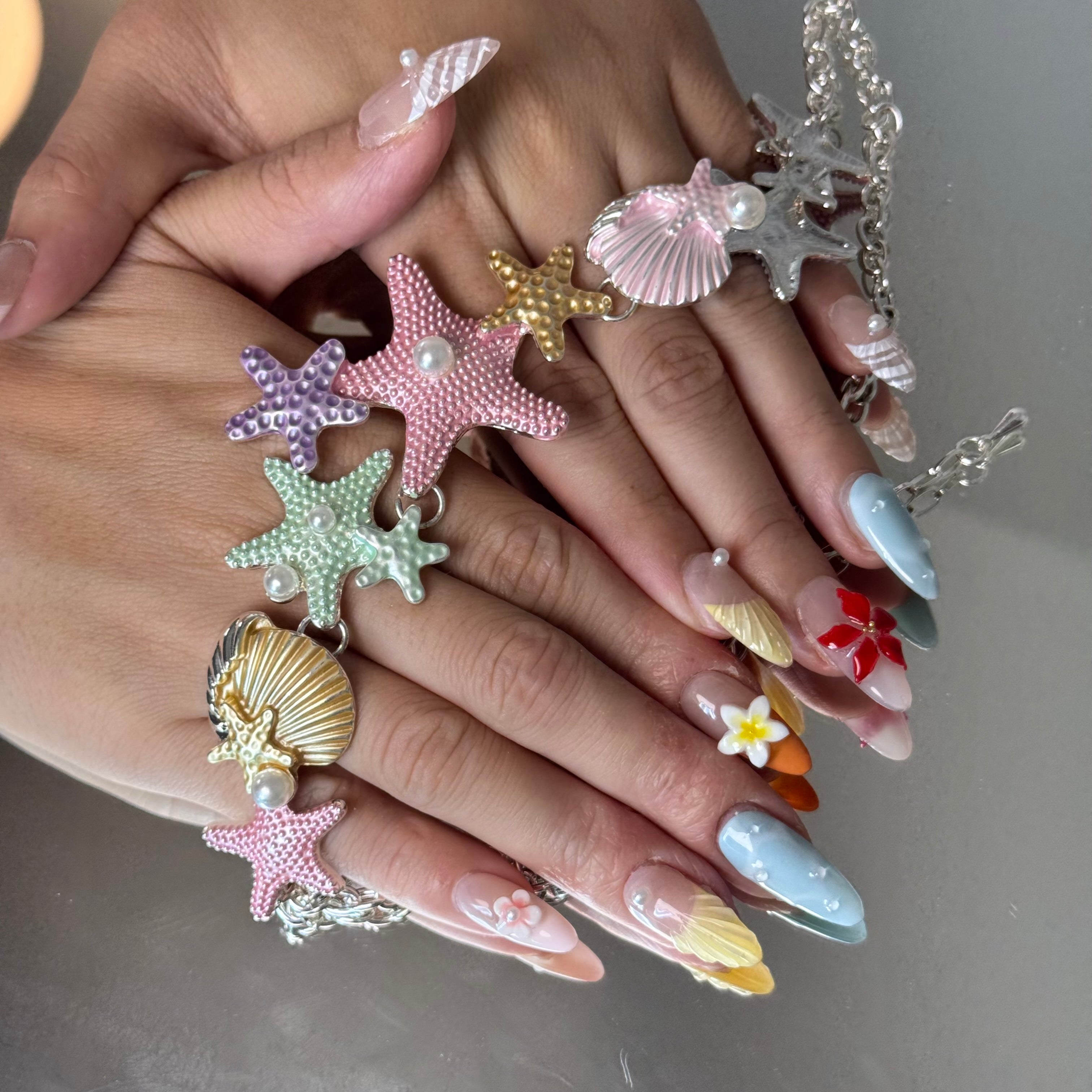 Tropical Flower Nail Set – Colorful Summer Press-On Nails with 3D Floral Accents