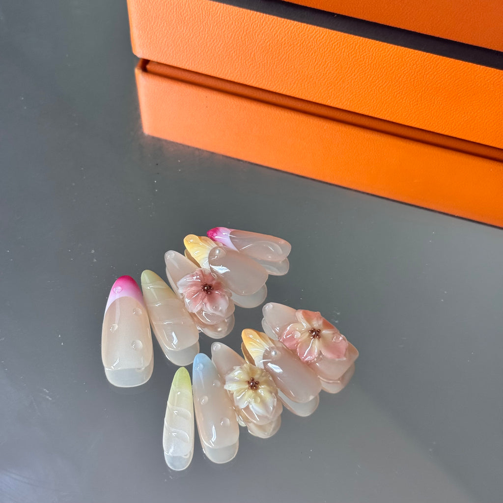 Pastel Blossom Press-On Nails – Nude & Yellow with 3D Floral Accents