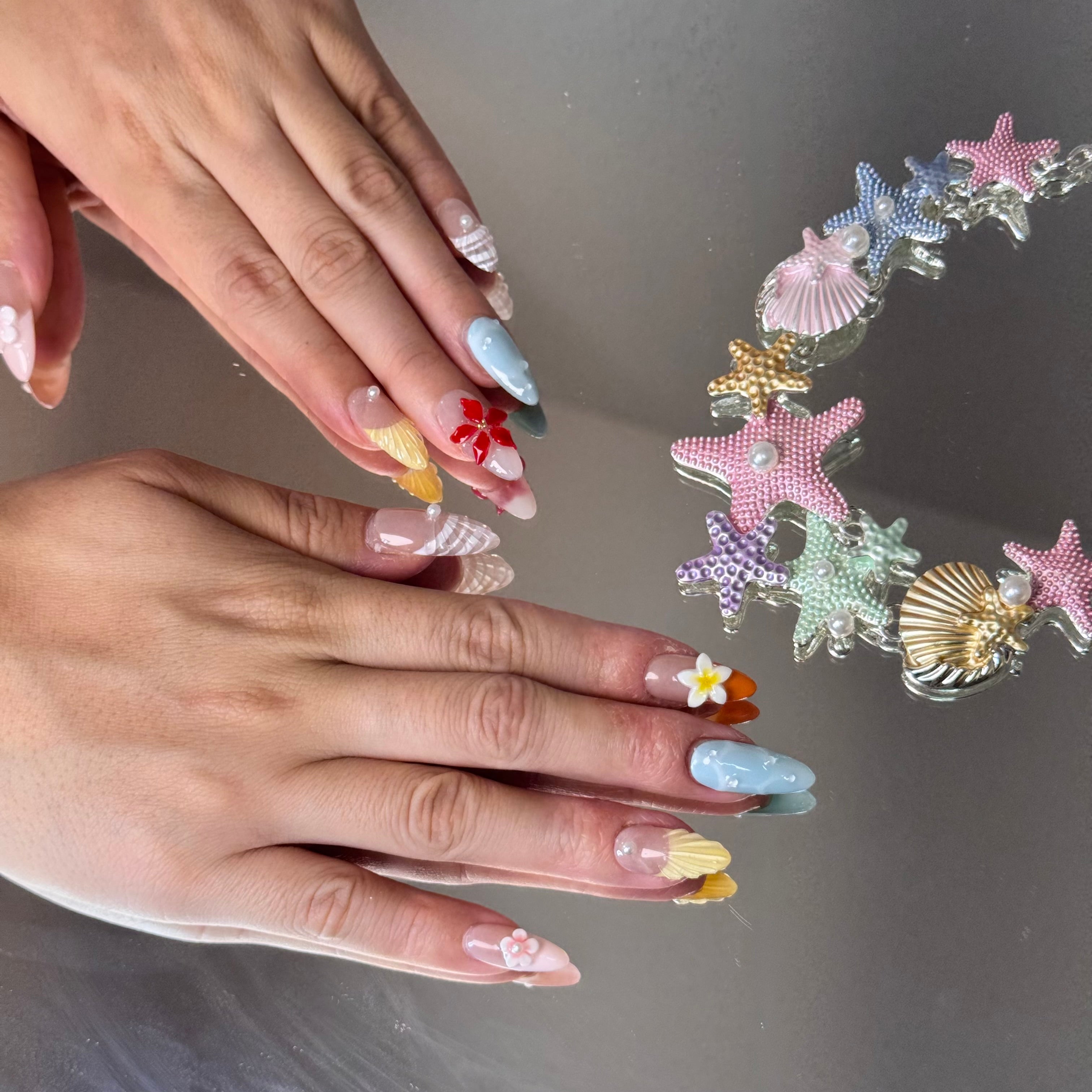 Tropical Flower Nail Set – Colorful Summer Press-On Nails with 3D Floral Accents