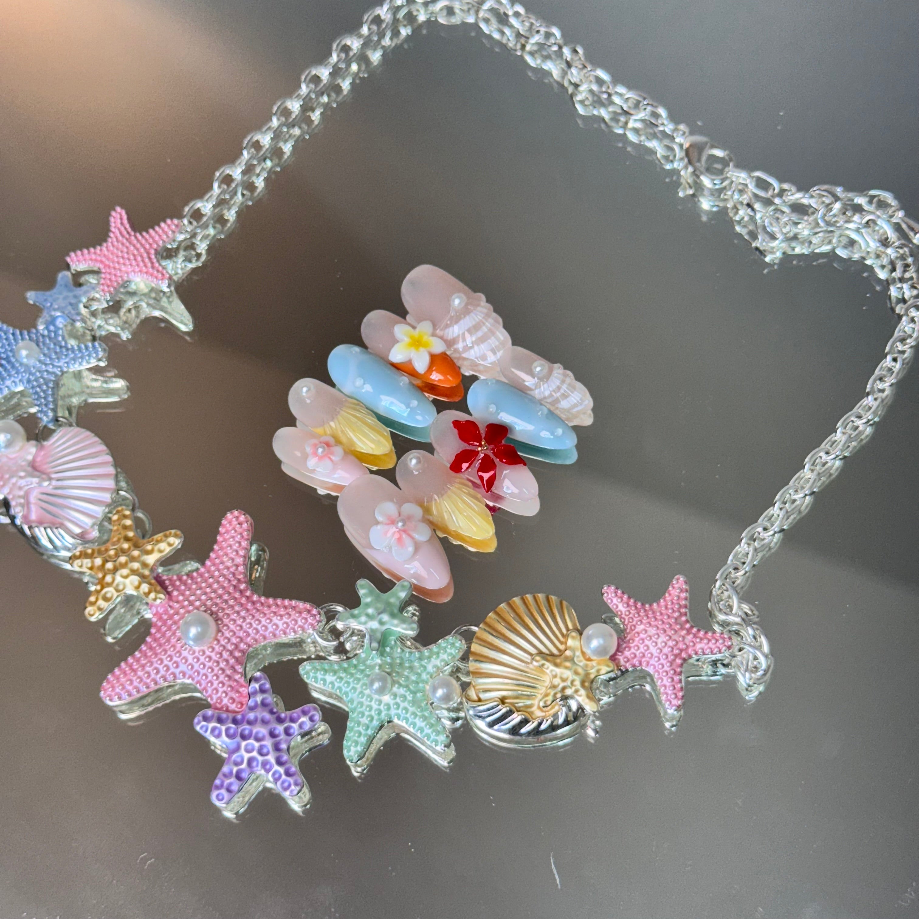 Tropical Flower Nail Set – Colorful Summer Press-On Nails with 3D Floral Accents