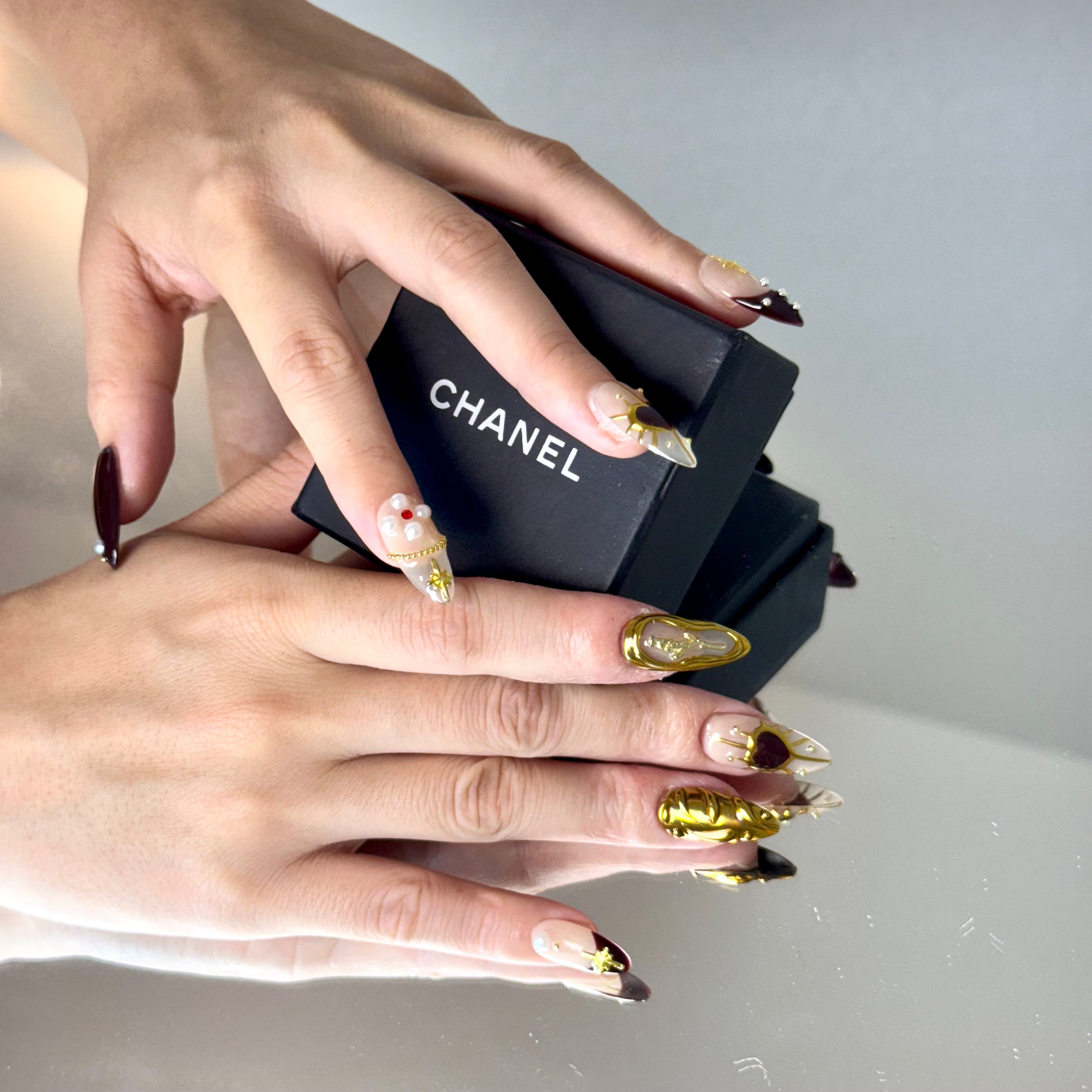 Royal Burgundy & Gold Nail Set – Luxury Press-On Nails with Pearl Accents