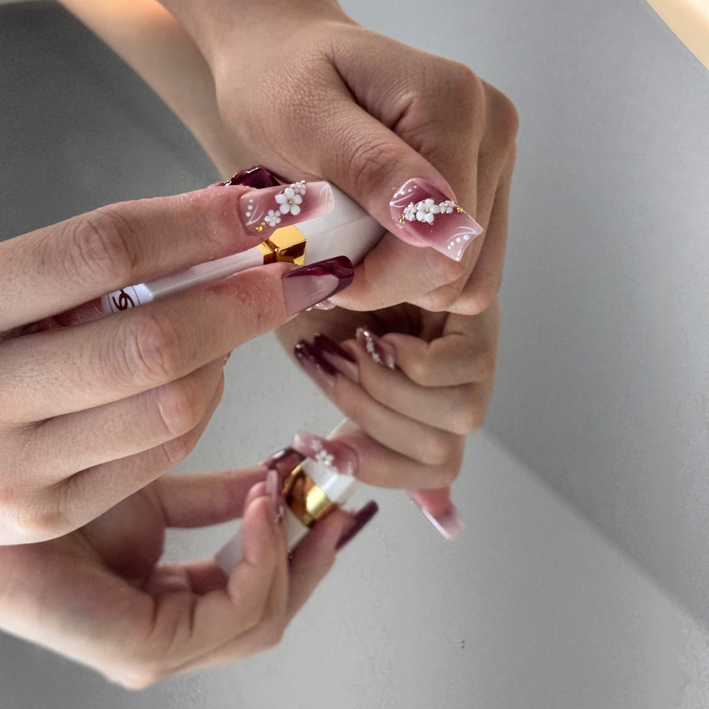 Wine Red Blossom Gradient Press-On Nails