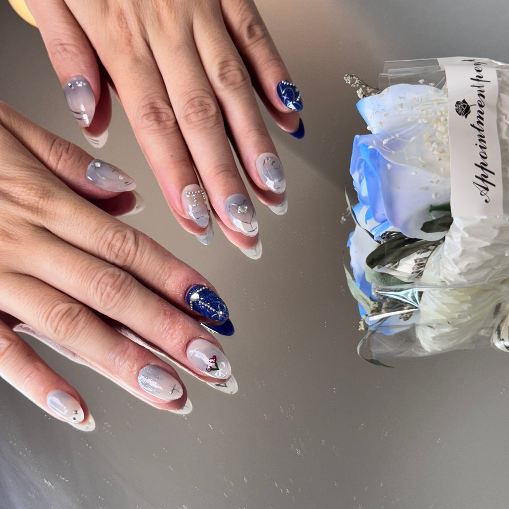Blue Rose Crystal Nail Set – Elegant White & Navy Press-On Nails