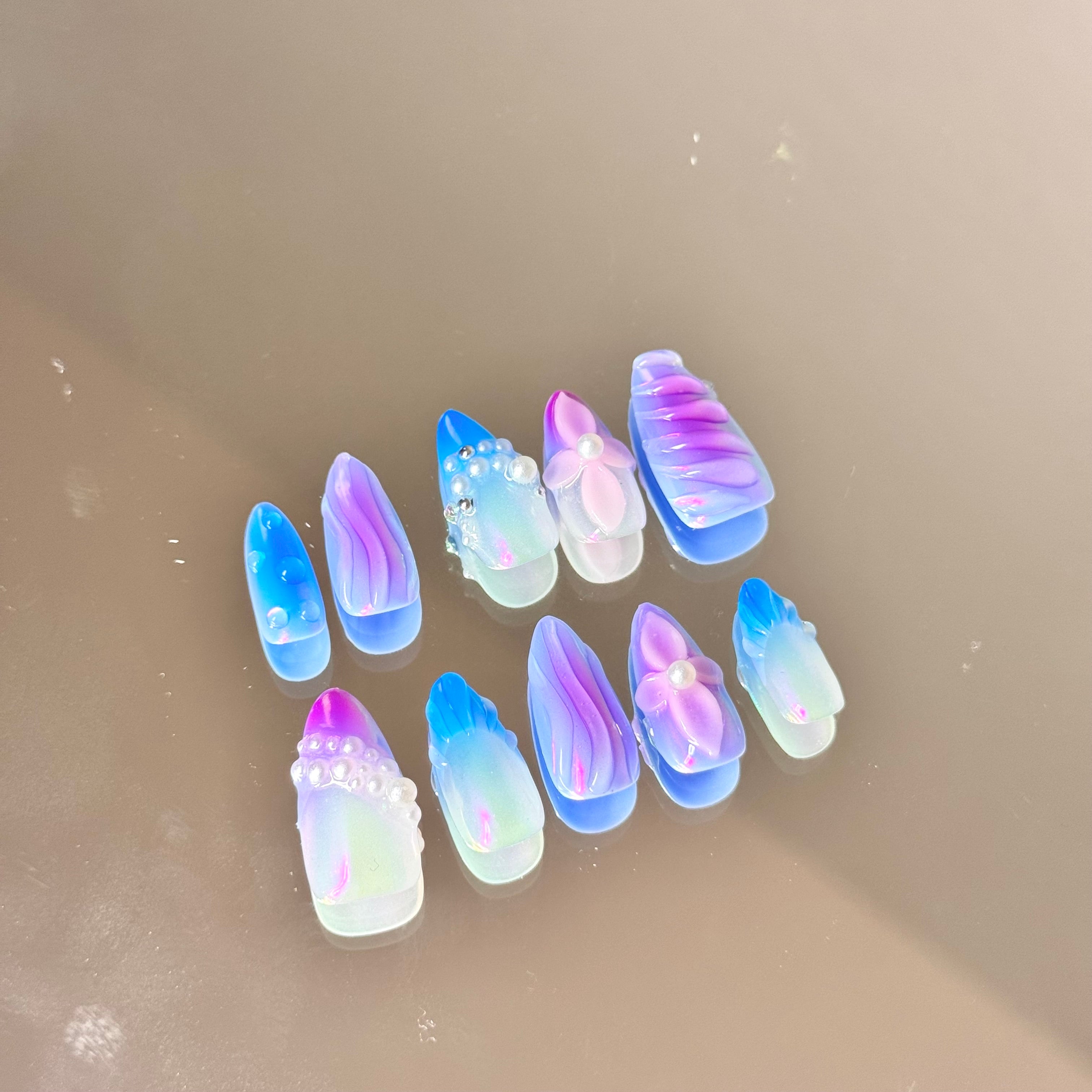 Aurora Ocean Press-On Nails – 3D Flower & Pearl Design