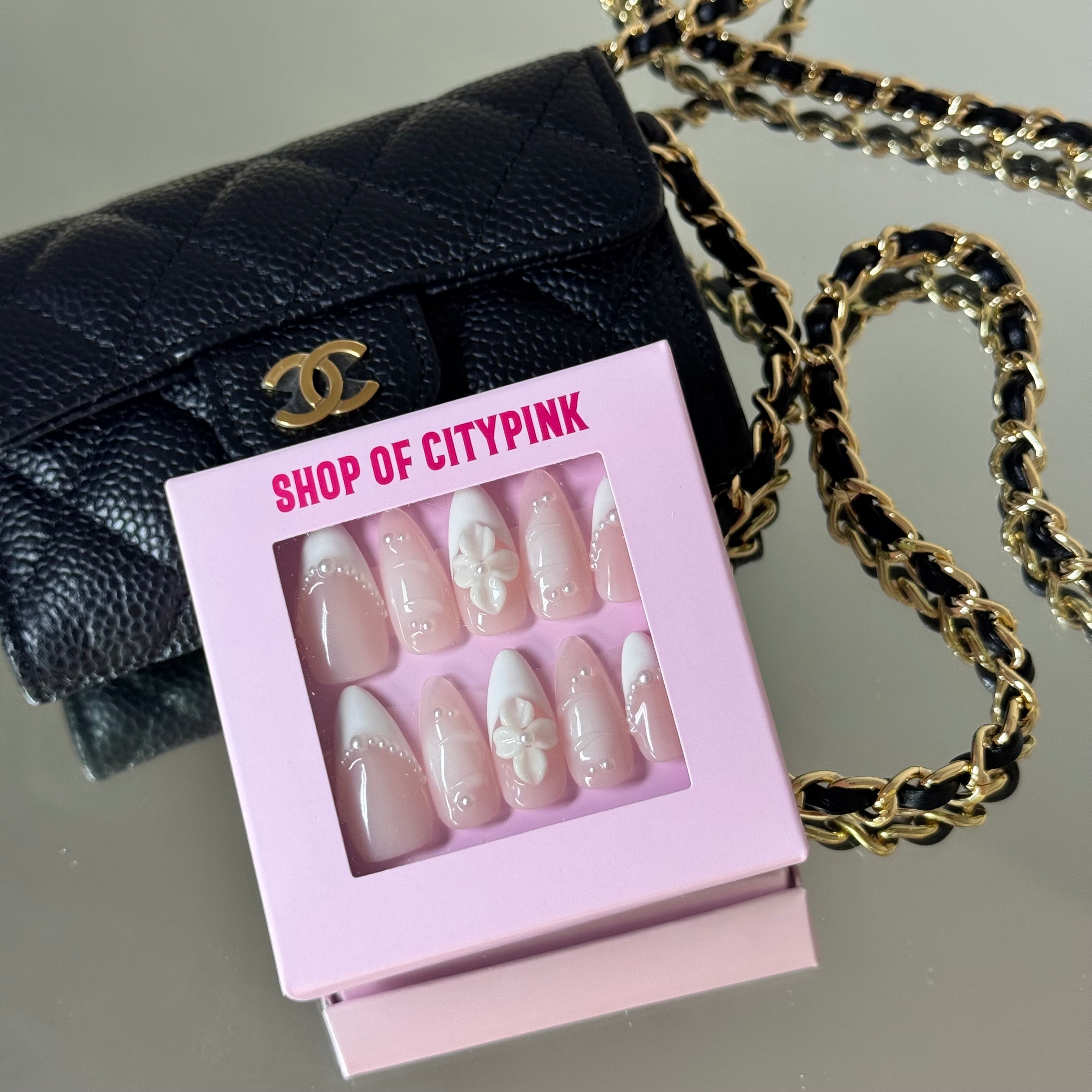 Elegant White Pearl Press-On Nails – 3D Flower & French Design