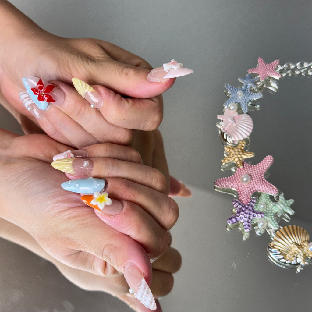 Tropical Flower Nail Set – Colorful Summer Press-On Nails with 3D Floral Accents