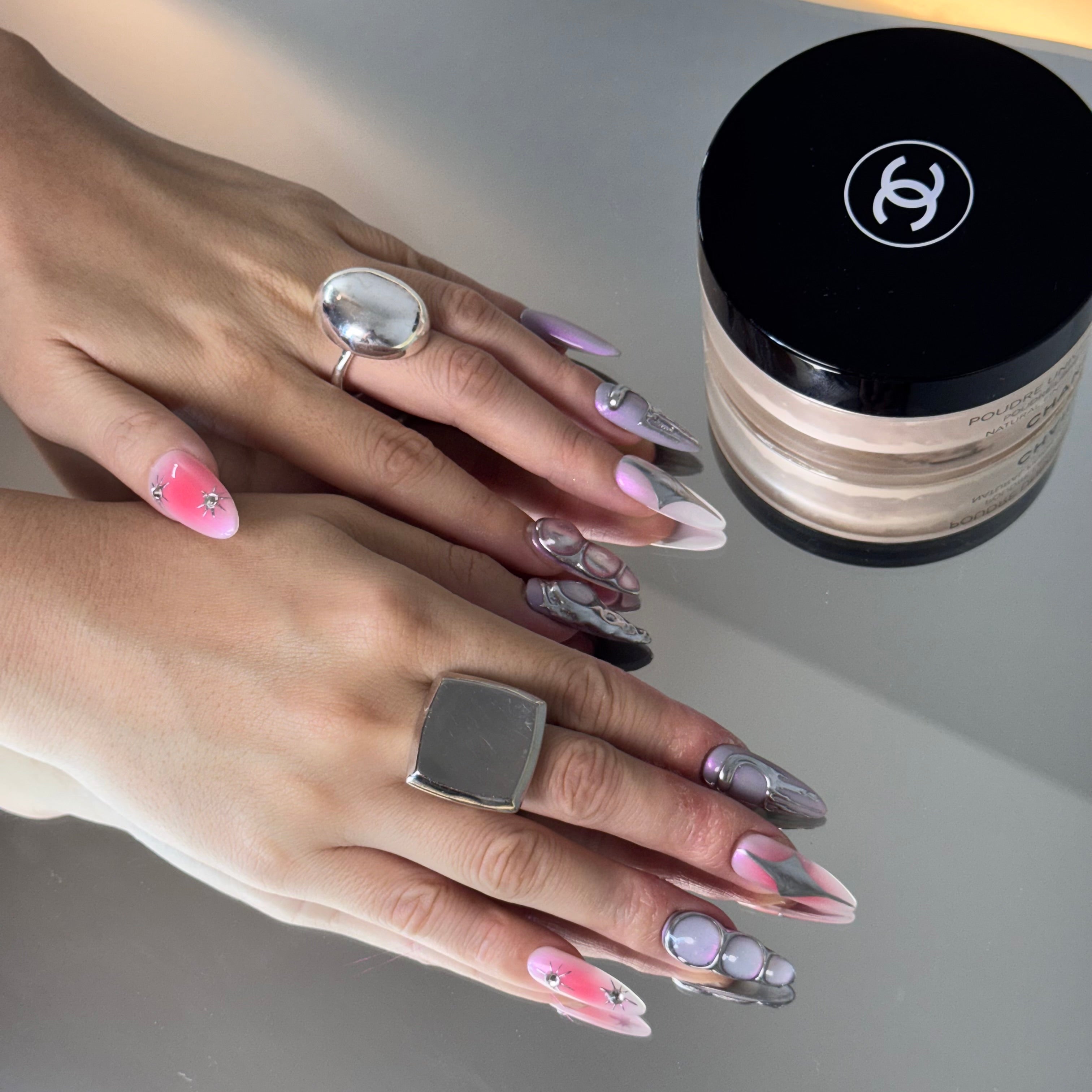 Holographic Chrome Nail Set – Pink & Purple Galaxy Press-On Nails