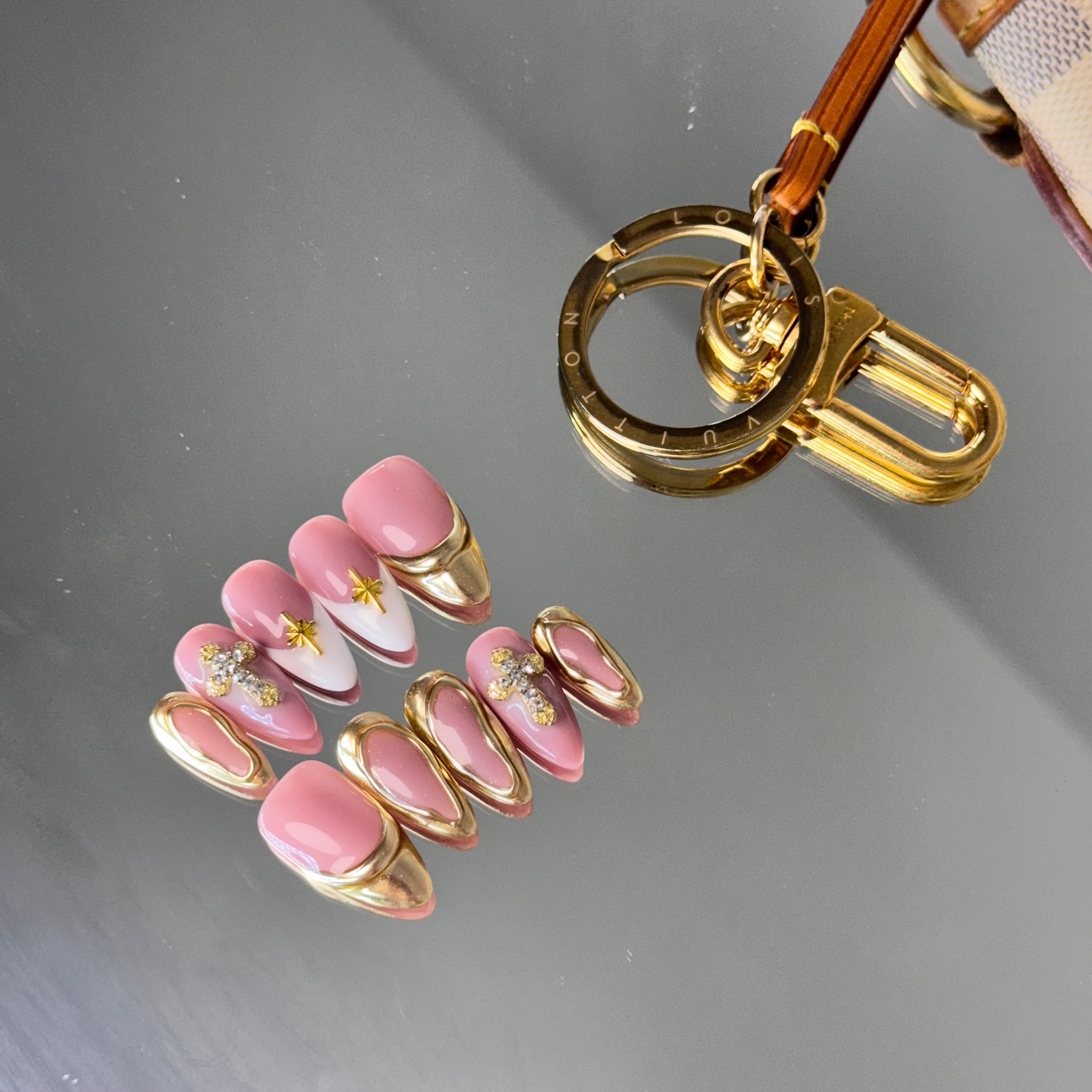 Luxury Pink & Gold Charm Press-On Nails