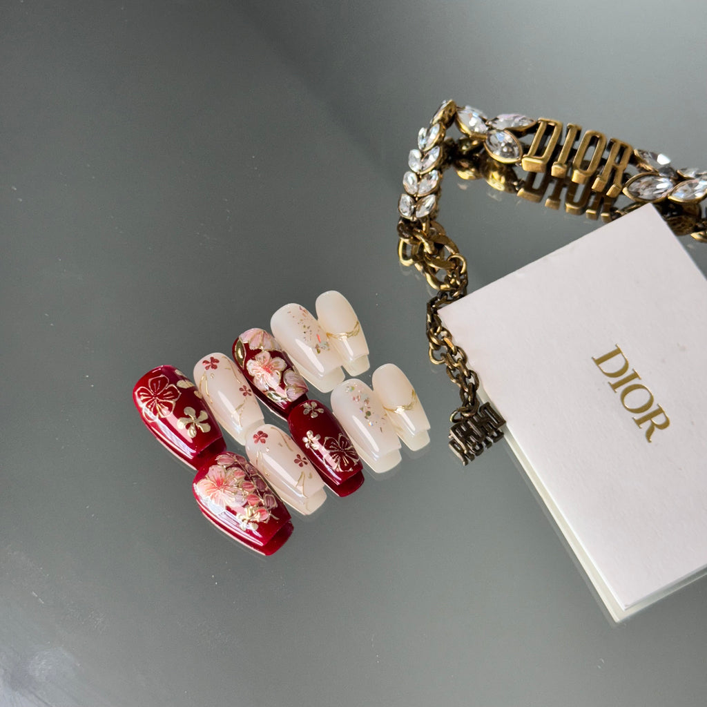 Oriental Red & Ivory Floral Press-On Nails