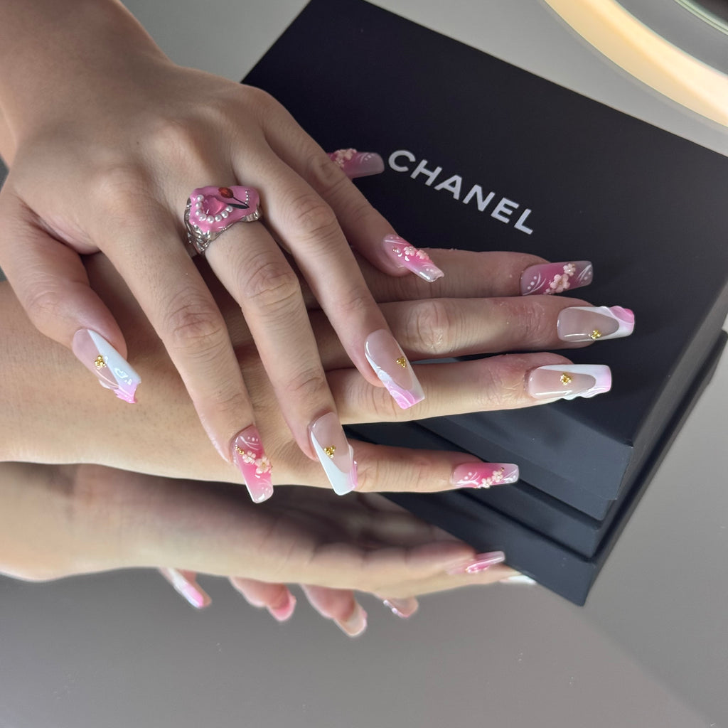Elegant Pink Blossom French 3D Press-On Nails