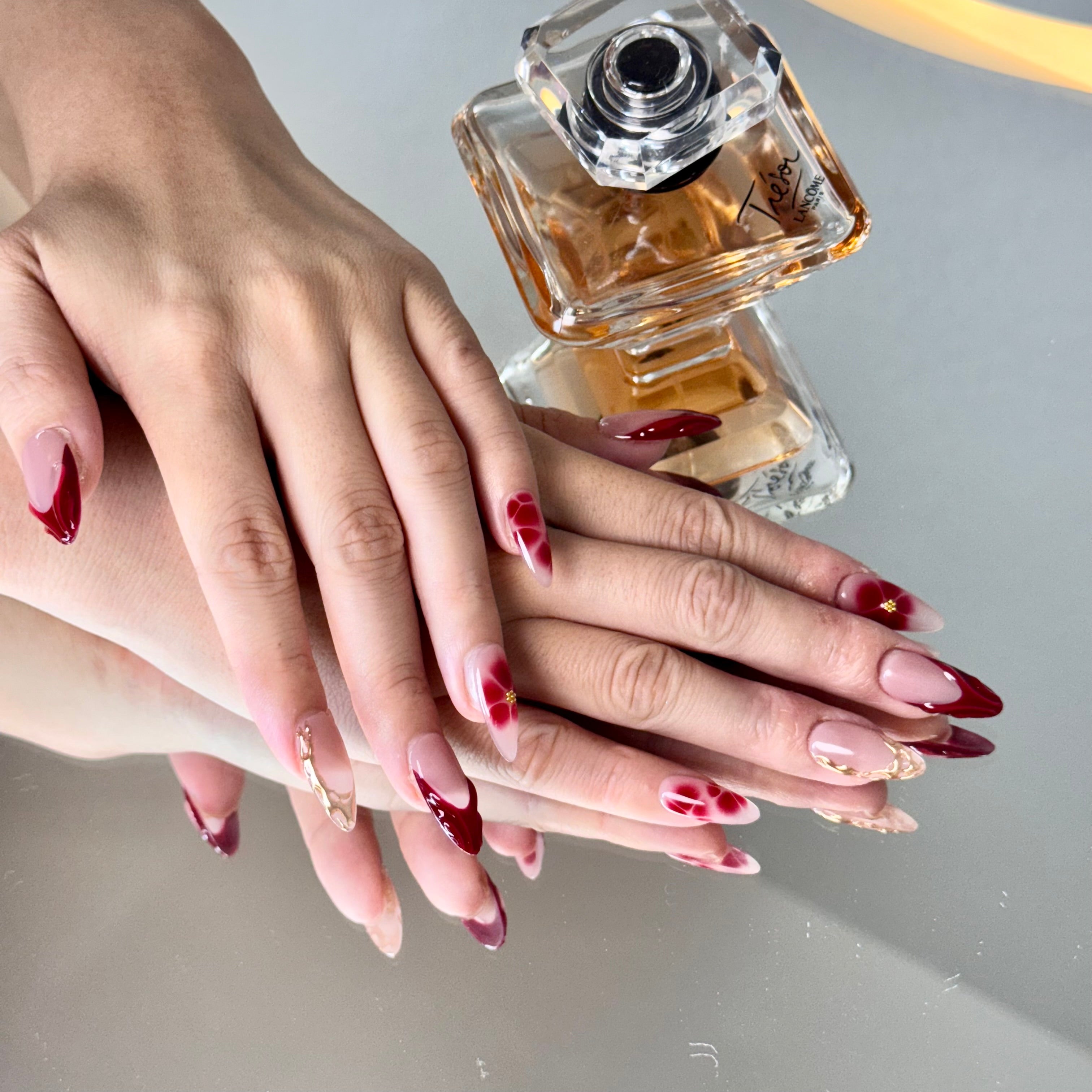 Pink & Wine Red Floral Nail Set – Elegant Press-On Nails with Gold Details
