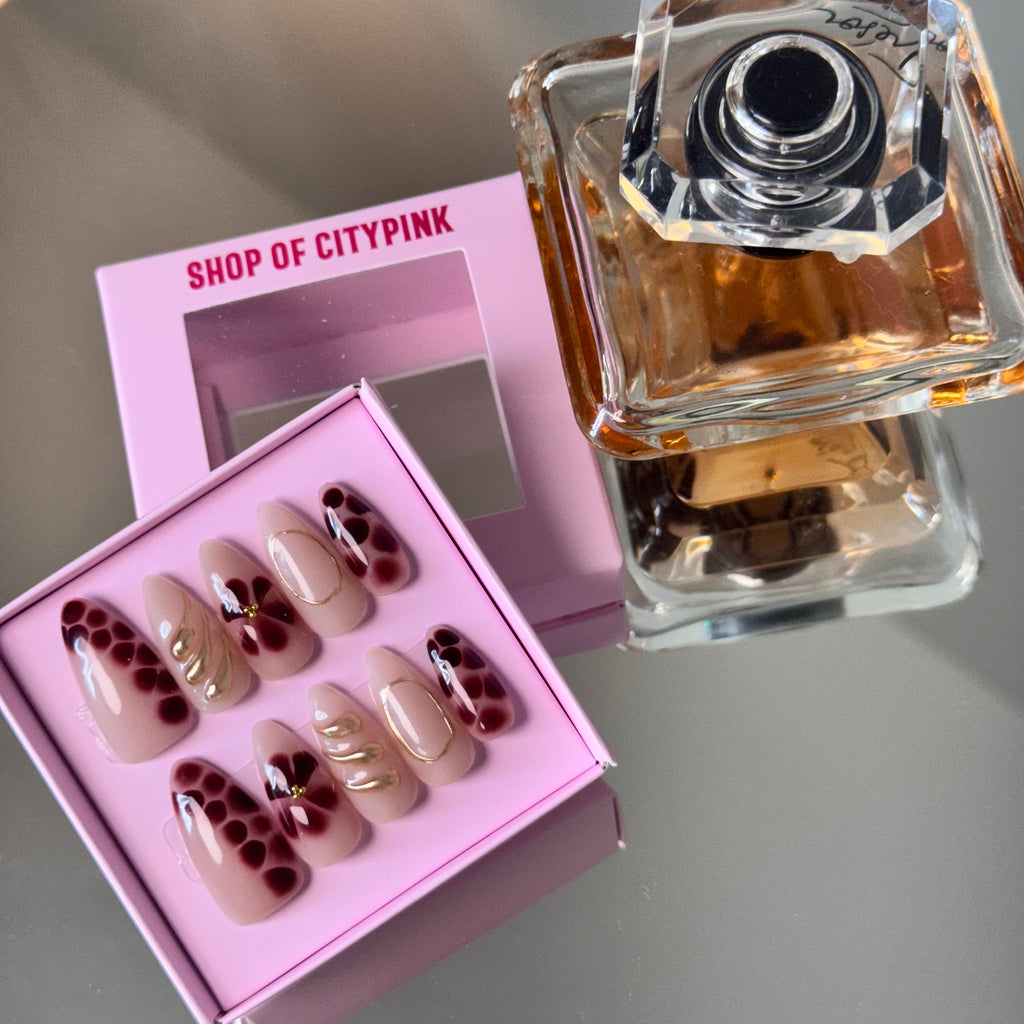 Wine Red Floral Nail Set – Elegant Press-On Nails with Gold Accents