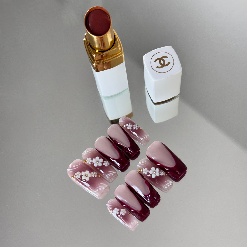 Wine Red Blossom Gradient Press-On Nails
