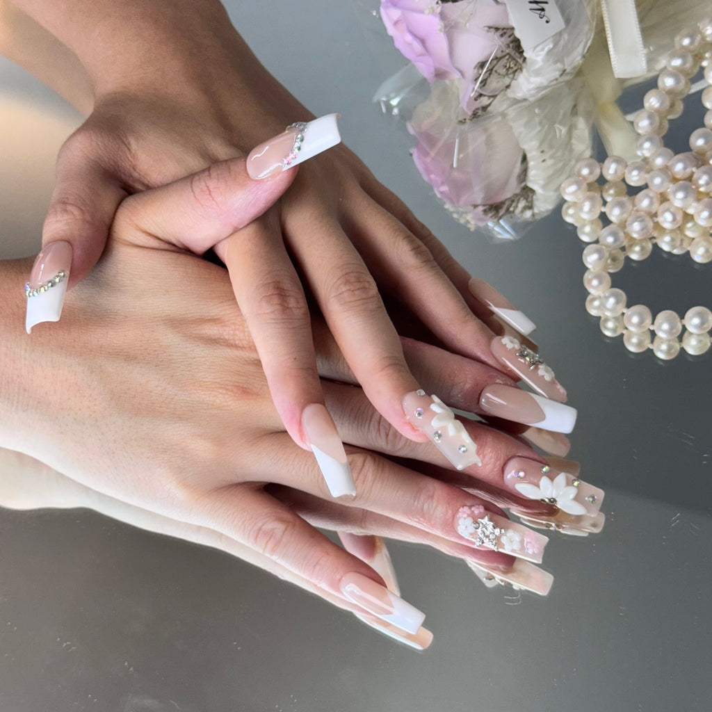 Bridal Floral French Nail Set – Nude Pink Press-On Nails with 3D Flowers & Rhinestones