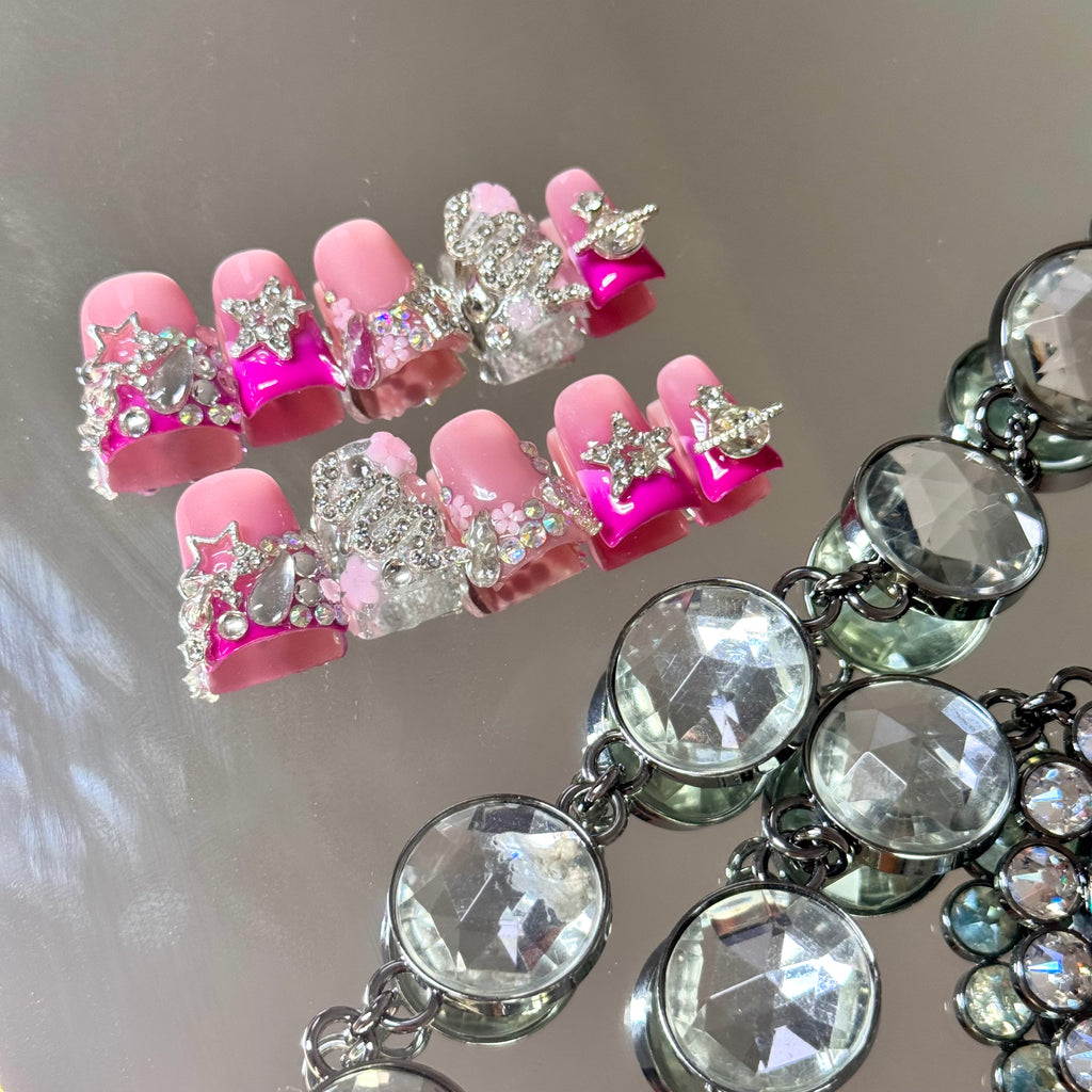 Crystal Star & Bow Pink 3D Press-On Nails