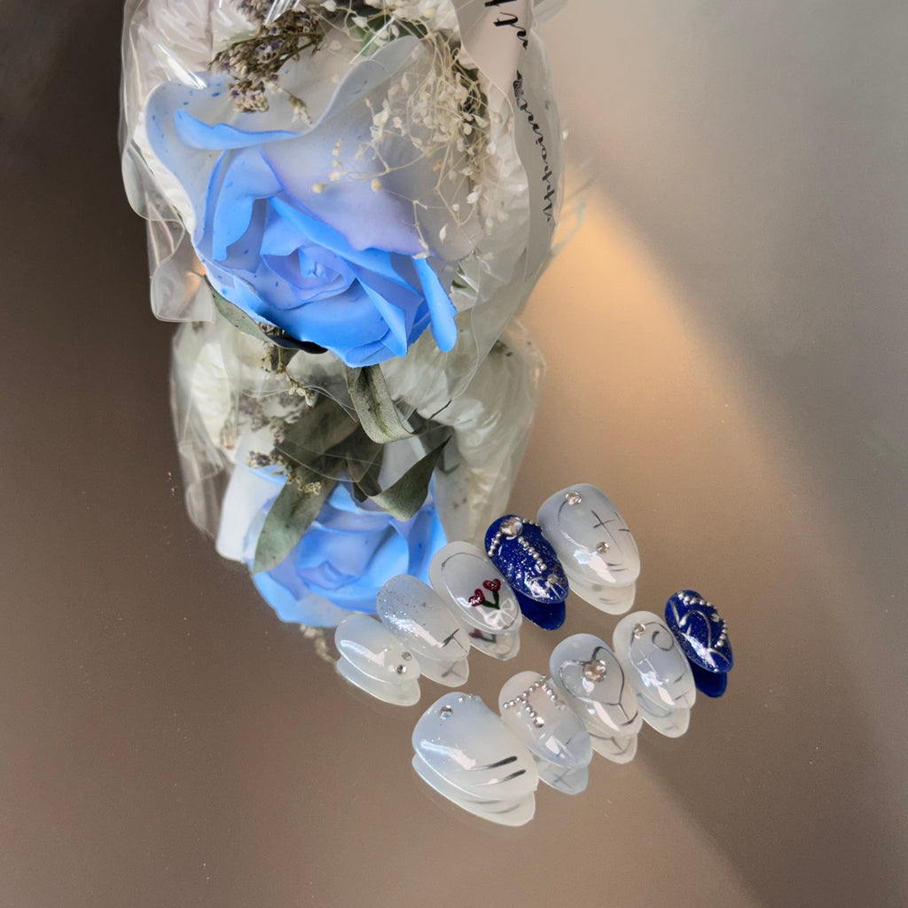 Blue Rose Crystal Nail Set – Elegant White & Navy Press-On Nails
