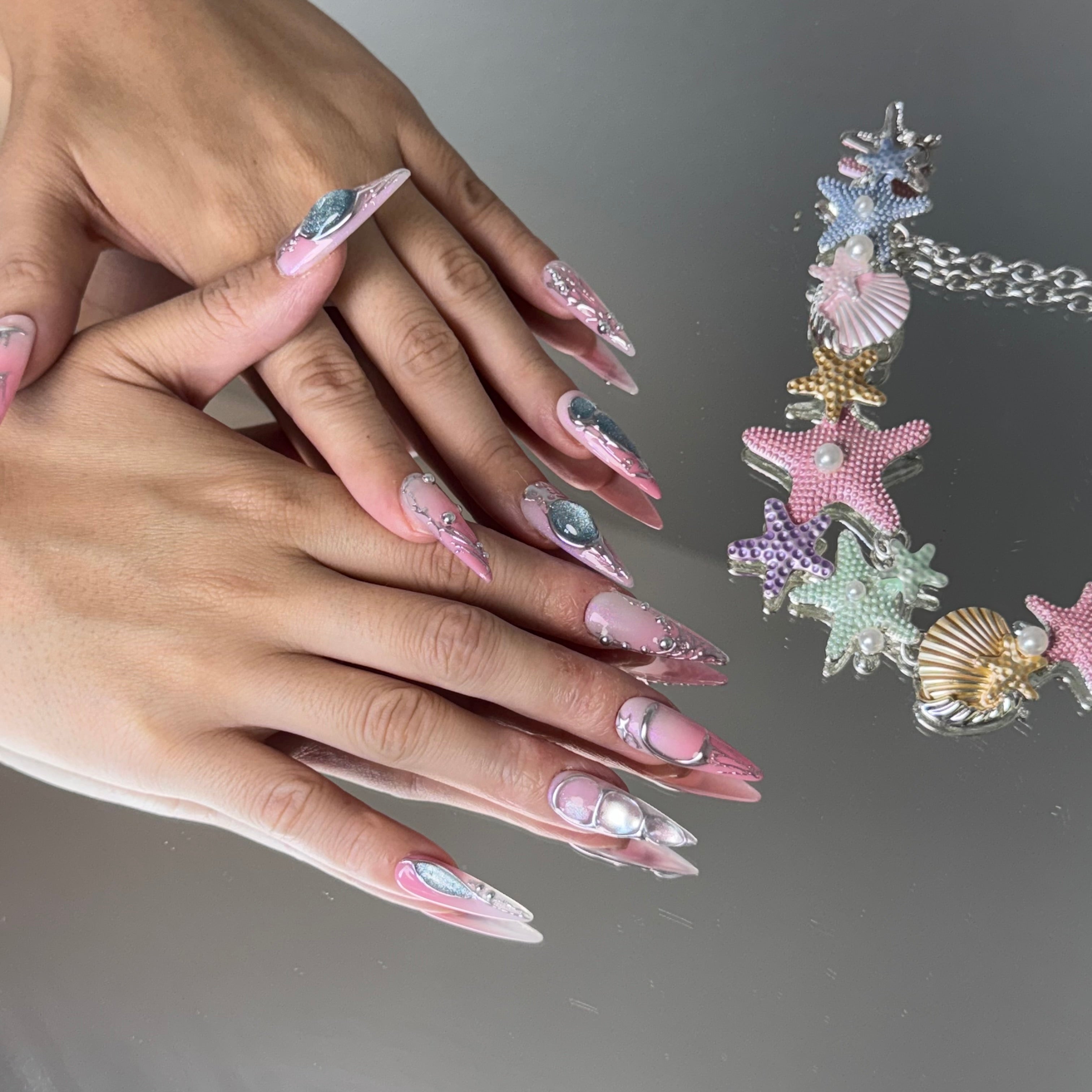 Mermaid Pink Chrome Nail Set – Ocean-Inspired Long Stiletto Press-On Nails