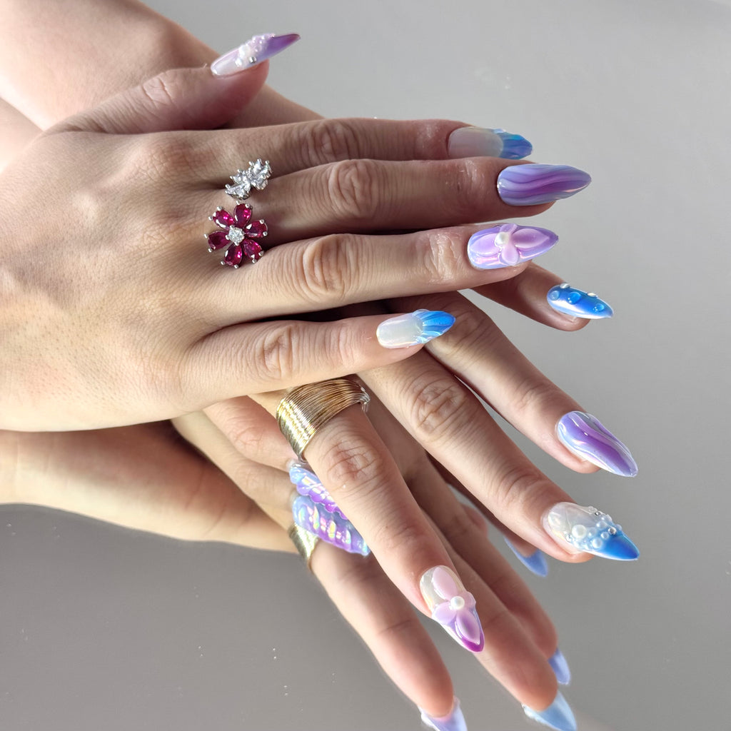 Aurora Ocean Press-On Nails – 3D Flower & Pearl Design