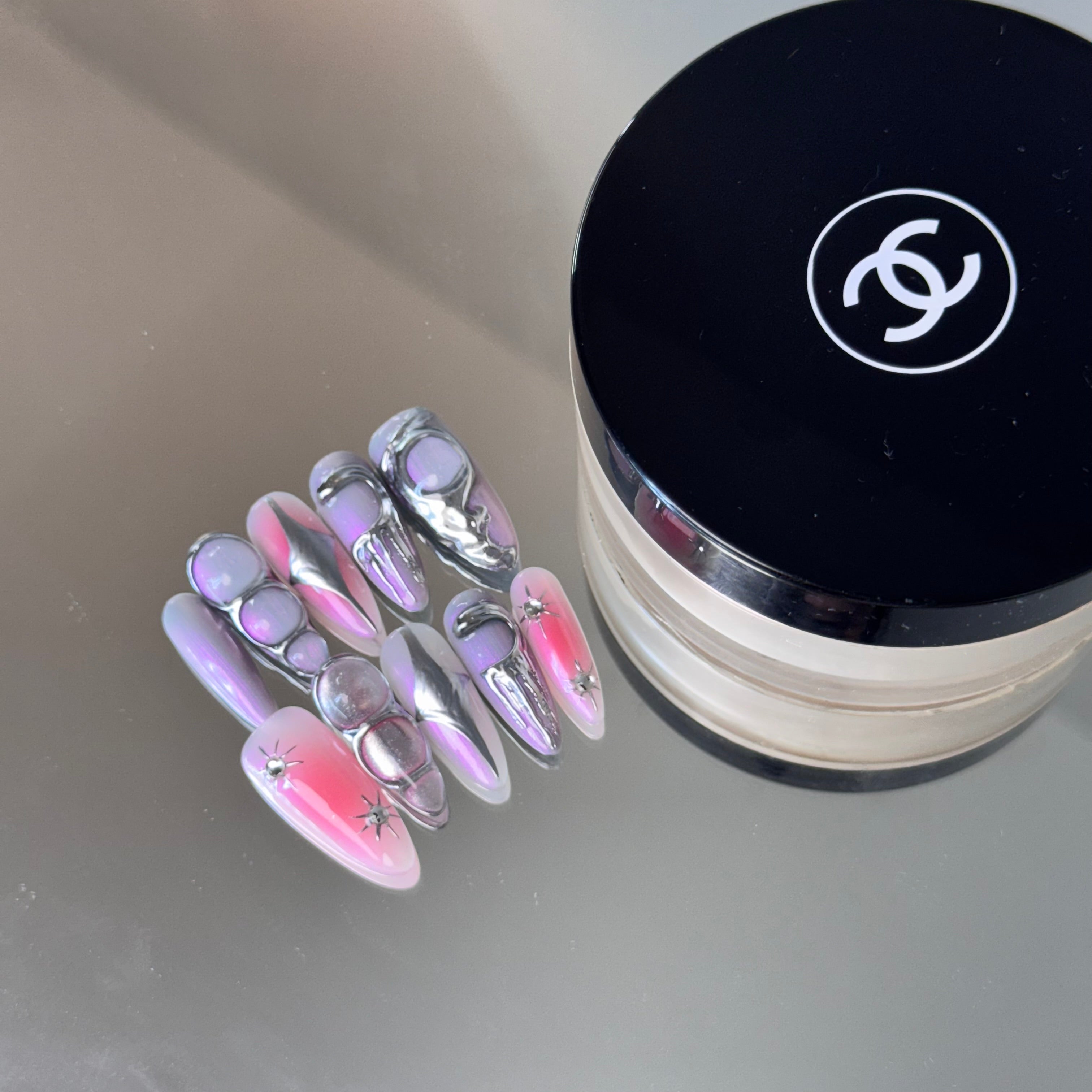 Holographic Chrome Nail Set – Pink & Purple Galaxy Press-On Nails