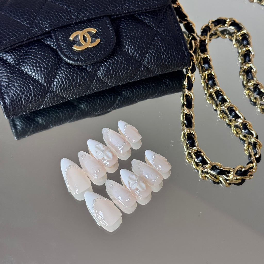 Elegant White Pearl Press-On Nails – 3D Flower & French Design