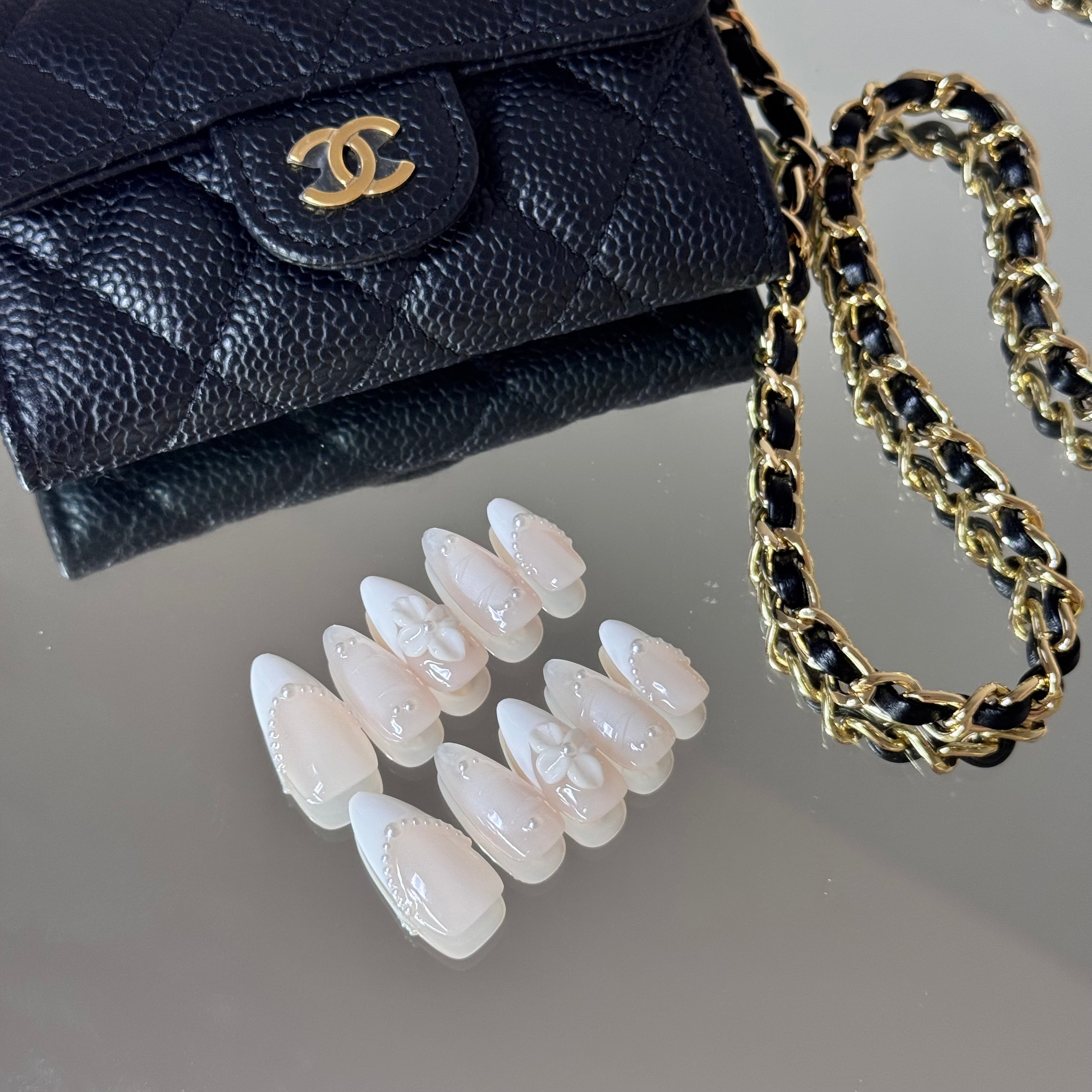 Elegant White Pearl Press-On Nails – 3D Flower & French Design