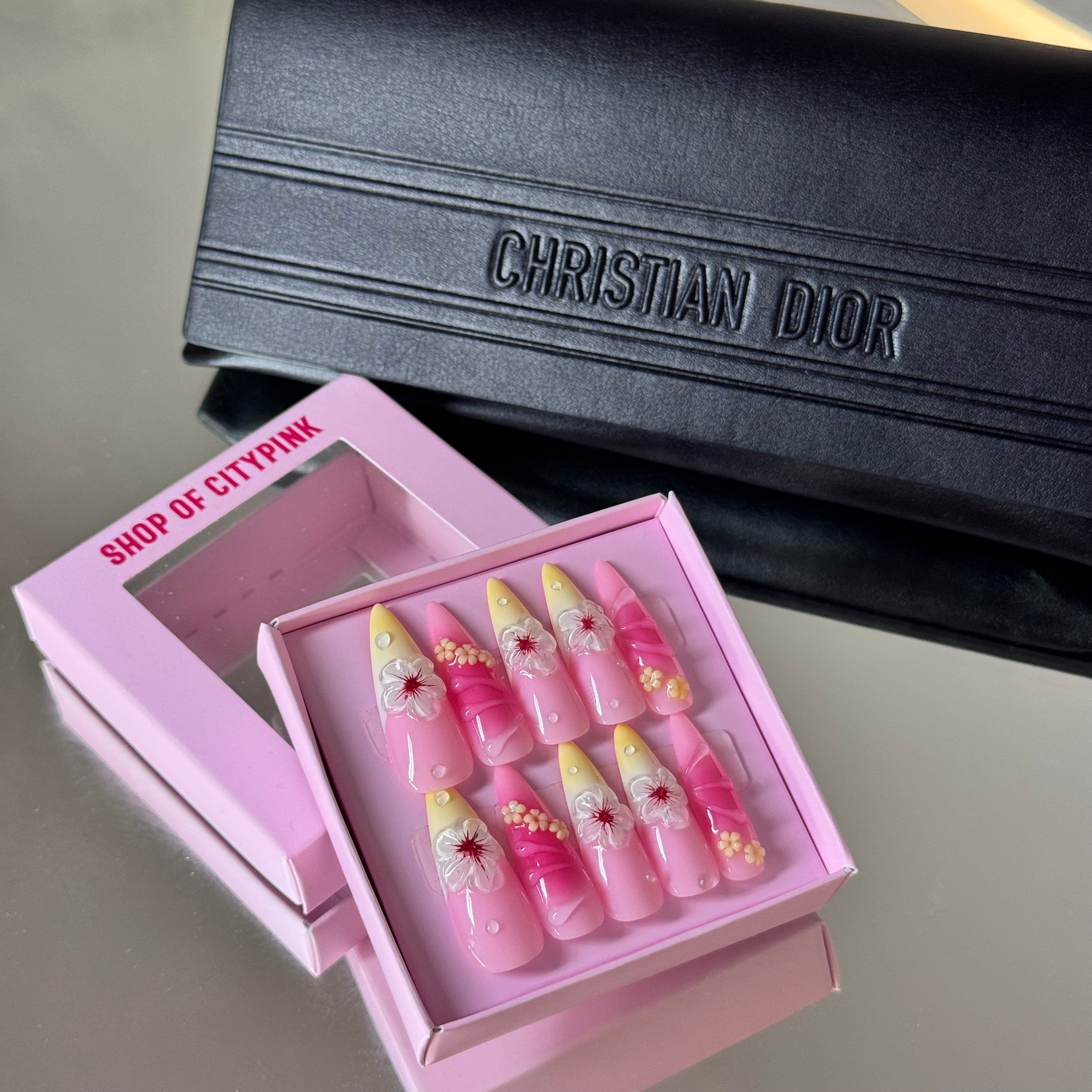 Tropical Blossom Press-On Nails – Pink & Yellow Ombre with 3D Flowers