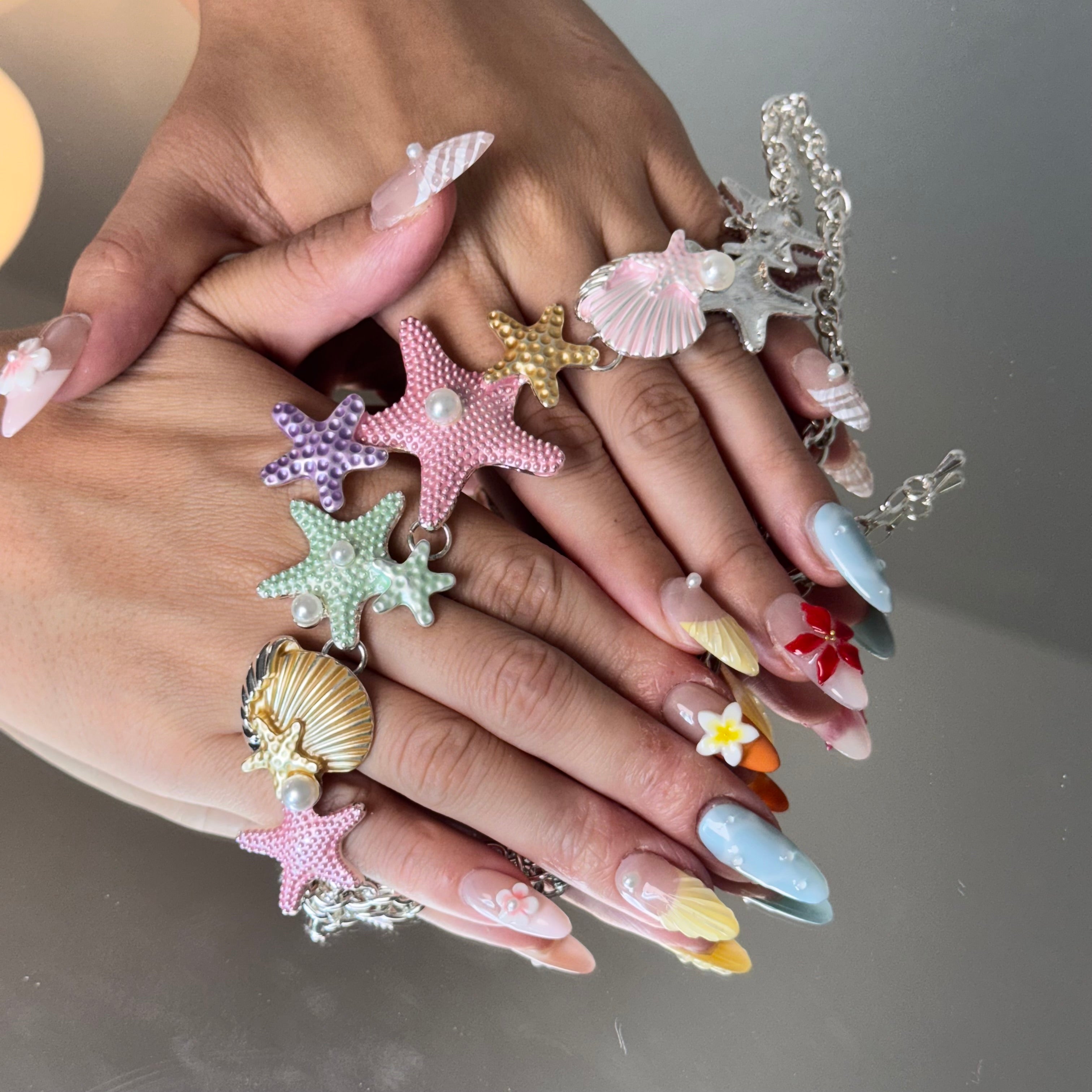 Tropical Flower Nail Set – Colorful Summer Press-On Nails with 3D Floral Accents