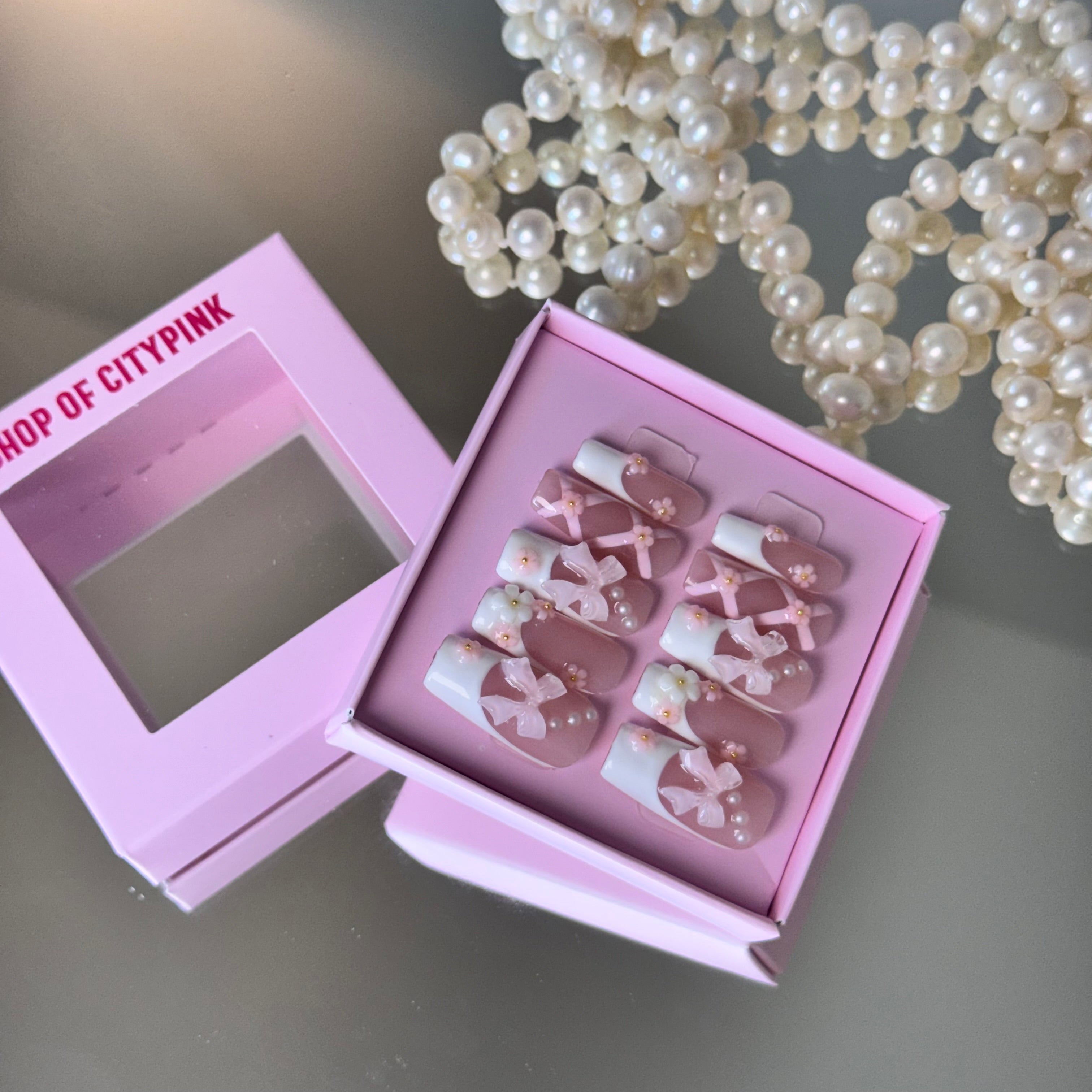 Pink Ribbon & Pearl Nail Set – Cute Bow Press-On Nails