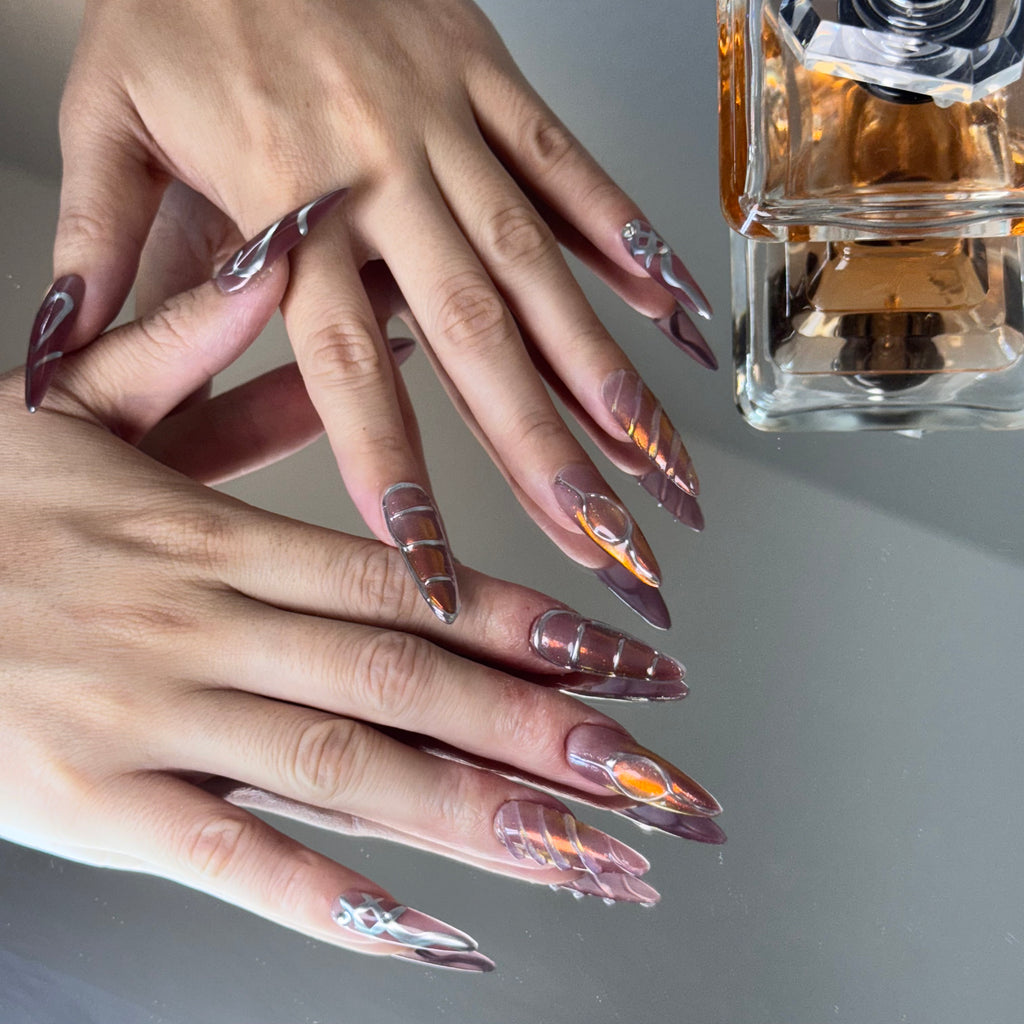 Burgundy Chrome Heart Nail Set – Edgy Press-On Nails with Metallic Shine