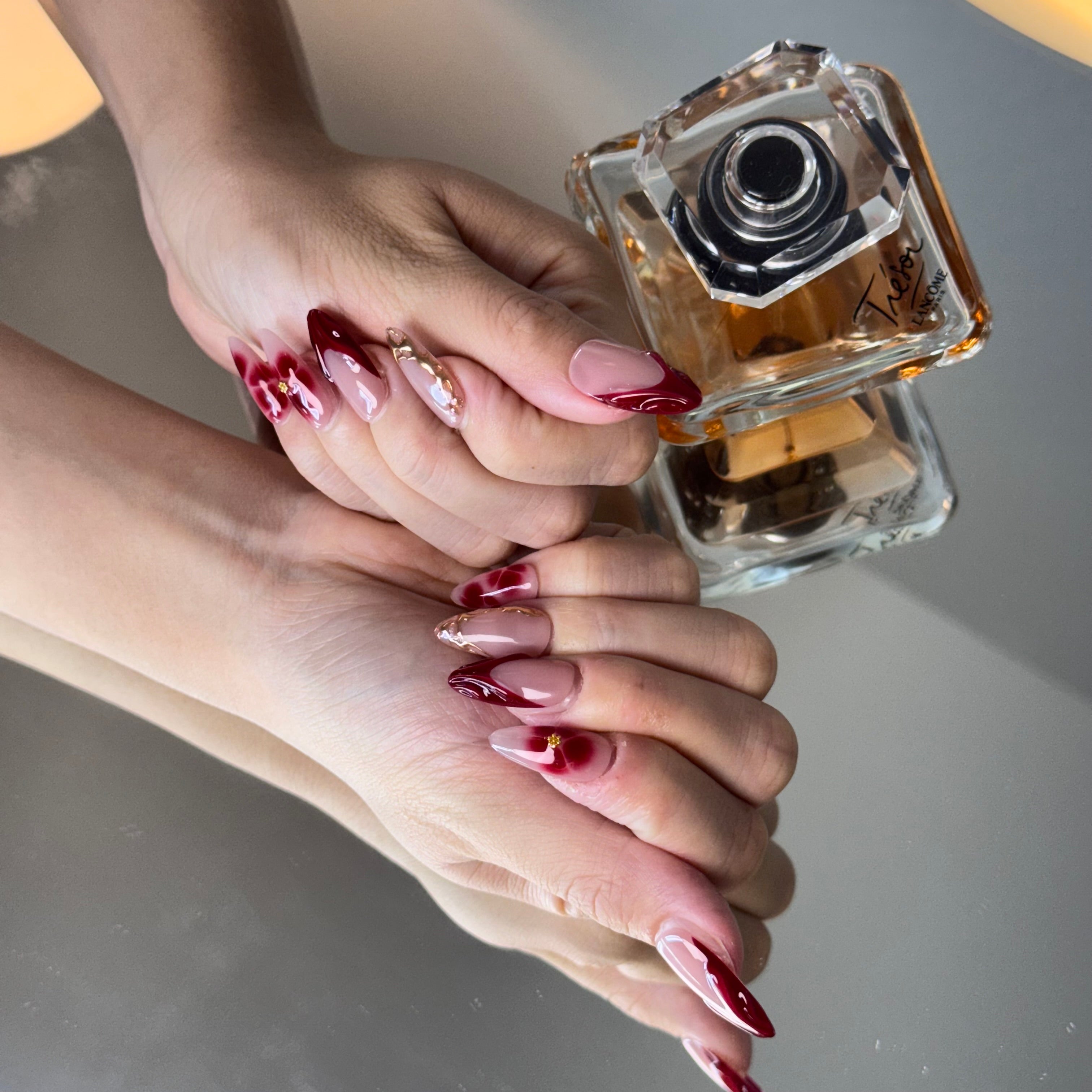 Pink & Wine Red Floral Nail Set – Elegant Press-On Nails with Gold Details