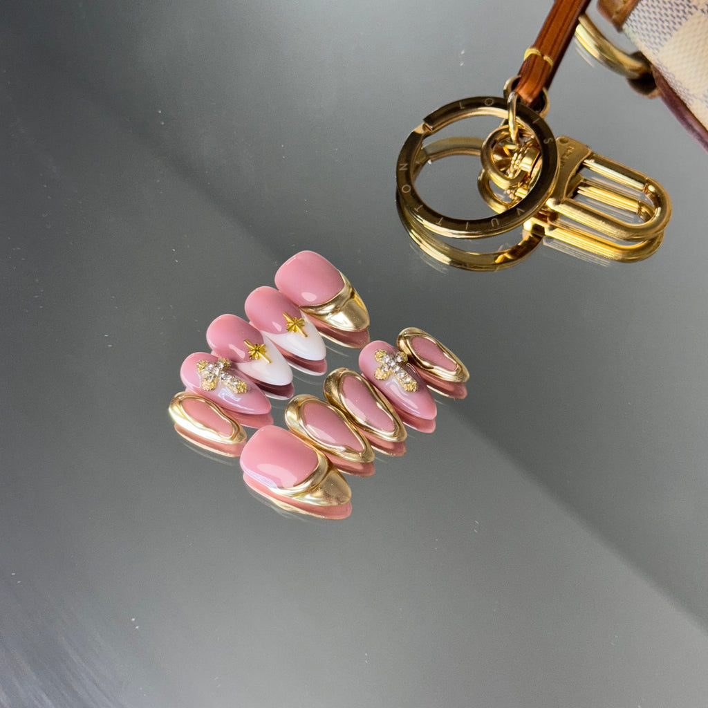 Luxury Pink & Gold Charm Press-On Nails