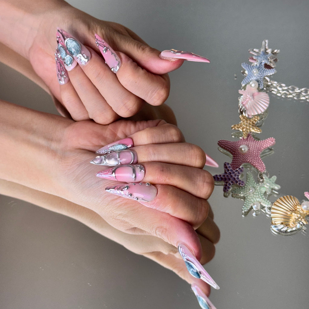 Mermaid Pink Chrome Nail Set – Ocean-Inspired Long Stiletto Press-On Nails