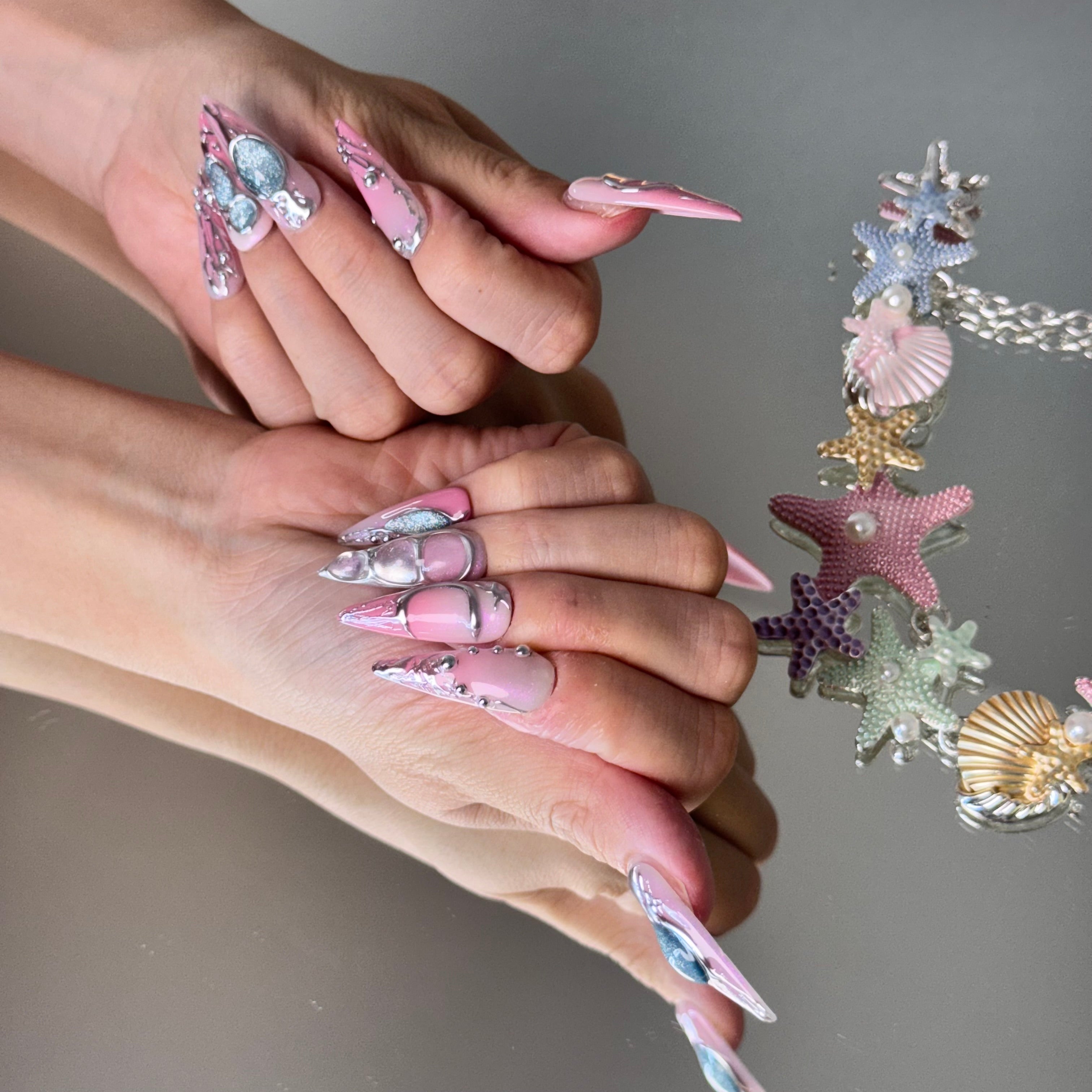 Mermaid Pink Chrome Nail Set – Ocean-Inspired Long Stiletto Press-On Nails