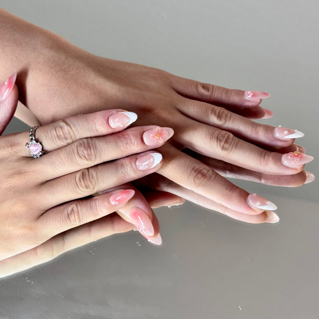 Blossom Pink Press-On Nails – French Tip with 3D Flower Design