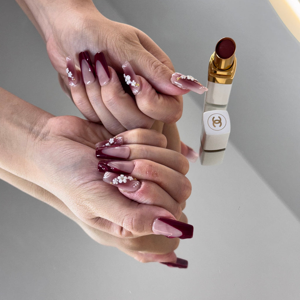 Wine Red Blossom Gradient Press-On Nails