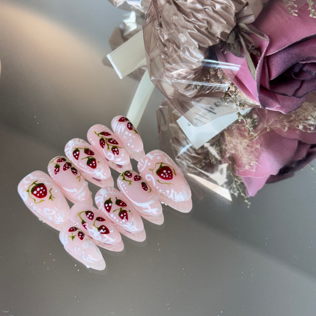 Strawberry Milk Nail Set – Cute Pink Press-On Nails with Berry Design