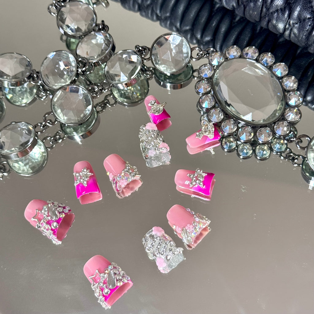 Crystal Star & Bow Pink 3D Press-On Nails