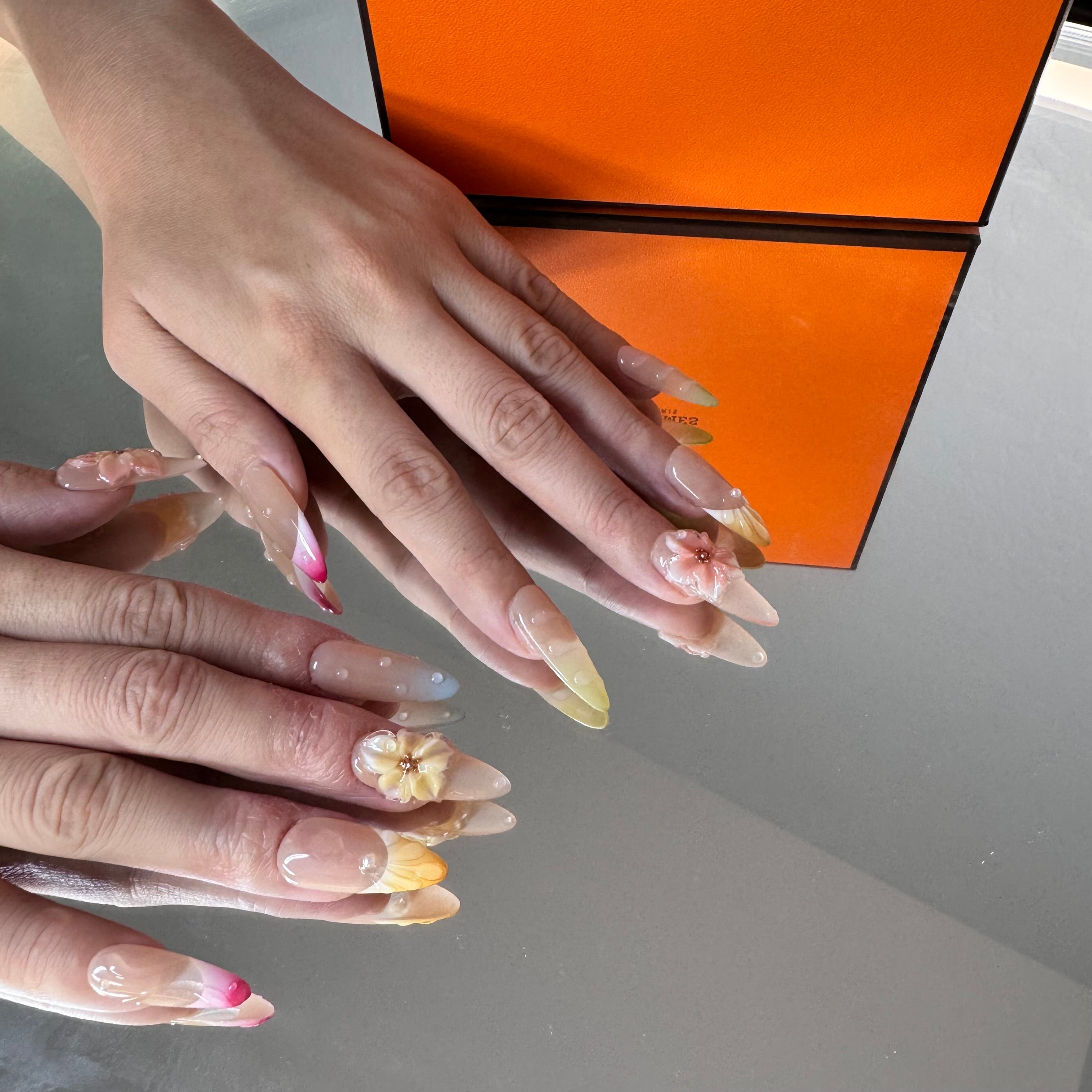 Pastel Blossom Press-On Nails – Nude & Yellow with 3D Floral Accents