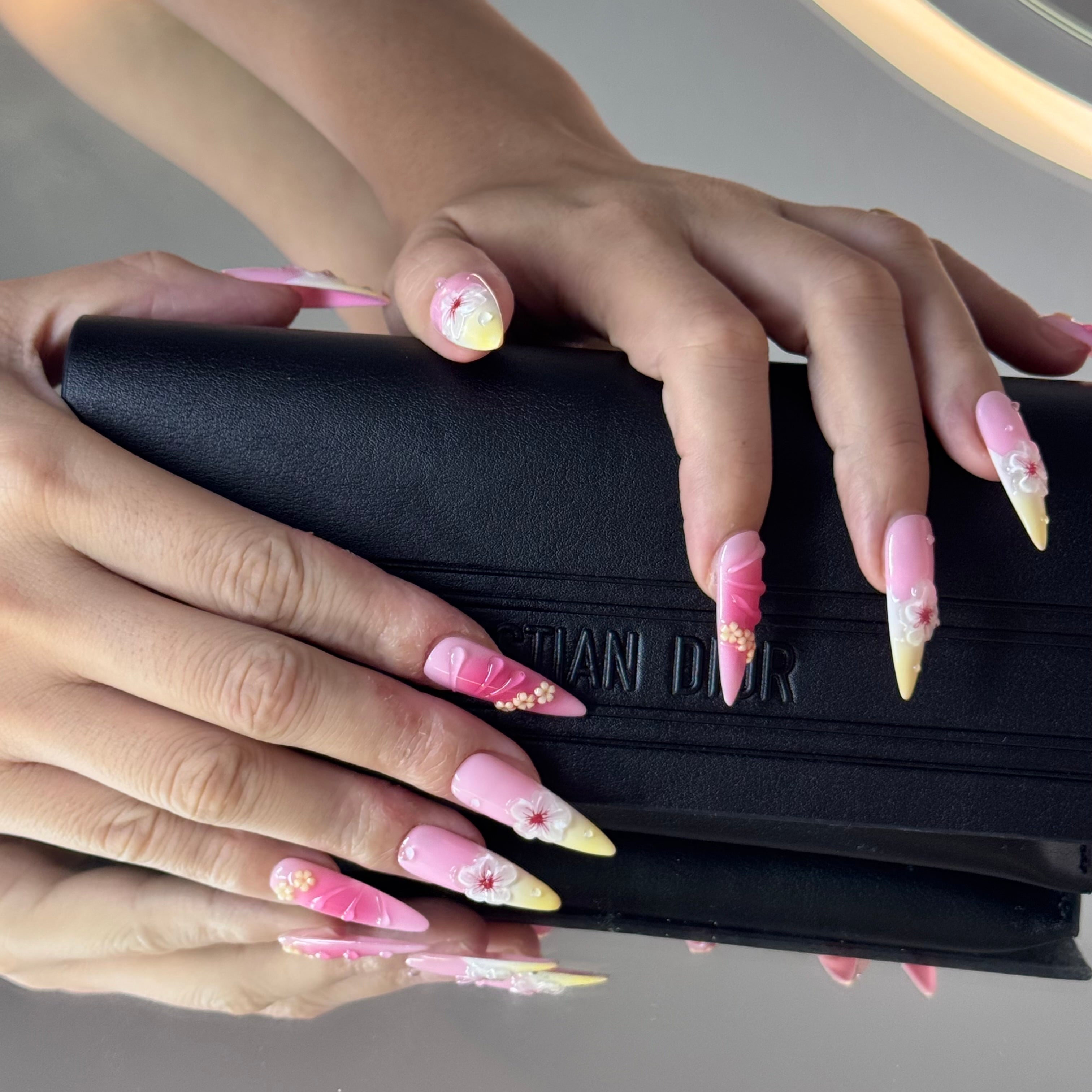 Tropical Blossom Press-On Nails – Pink & Yellow Ombre with 3D Flowers