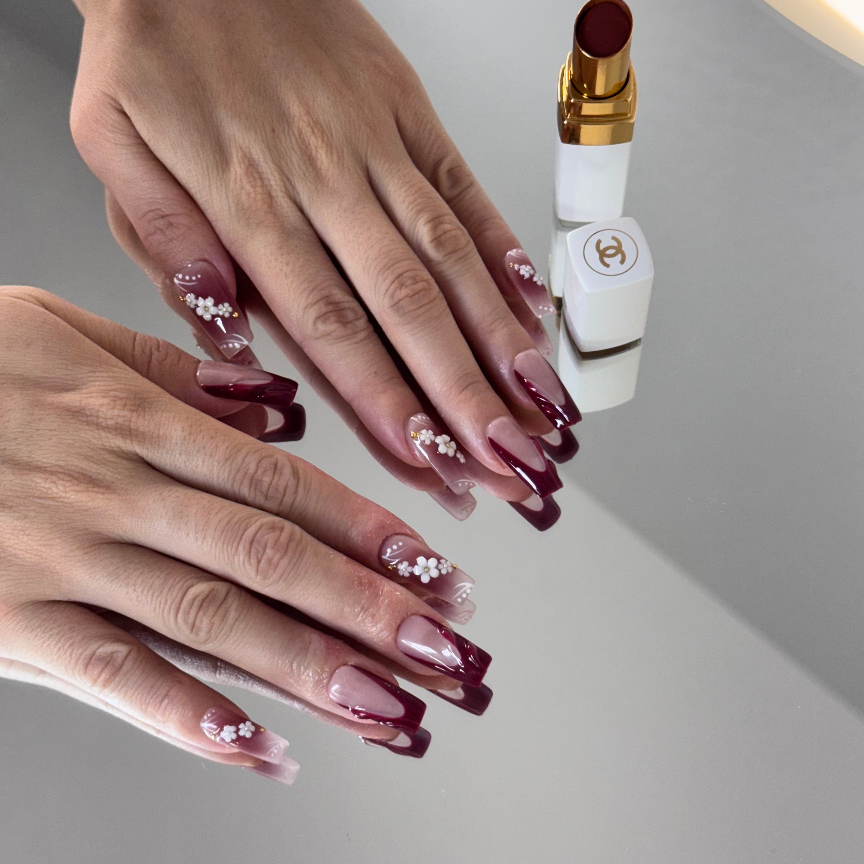 Wine Red Blossom Gradient Press-On Nails