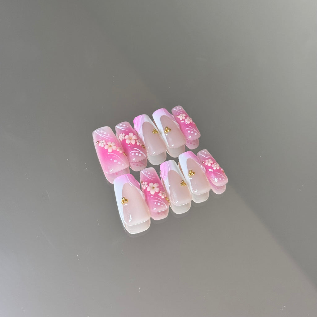 Elegant Pink Blossom French 3D Press-On Nails