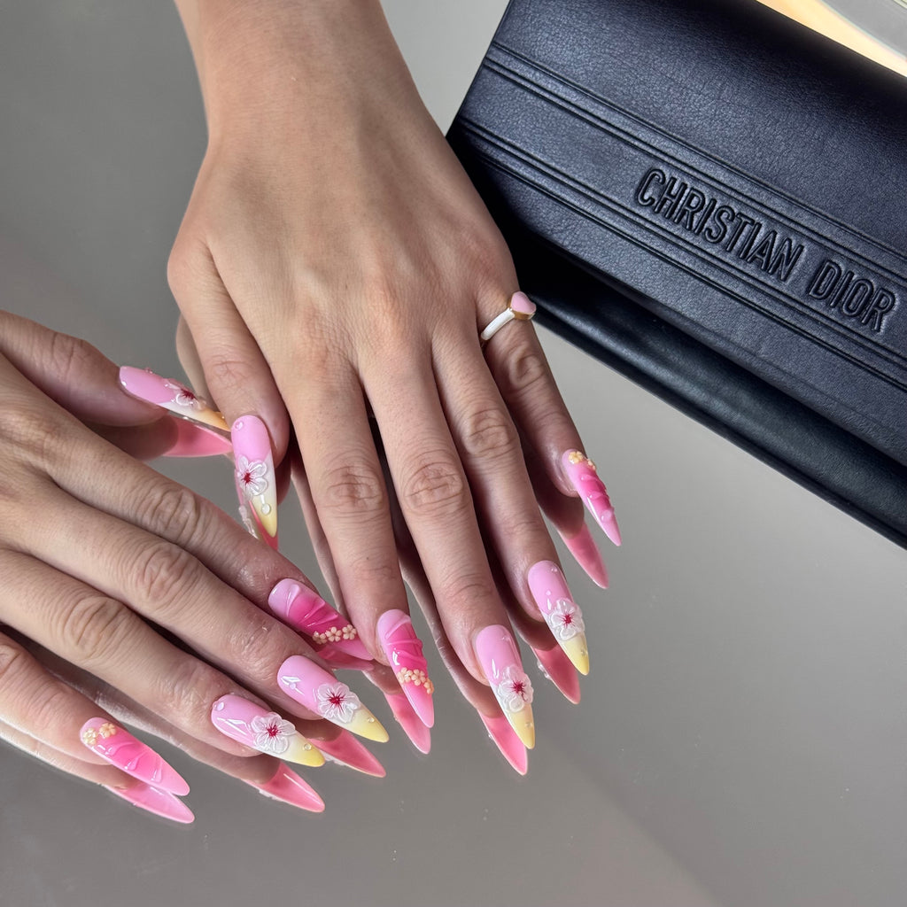 Tropical Blossom Press-On Nails – Pink & Yellow Ombre with 3D Flowers