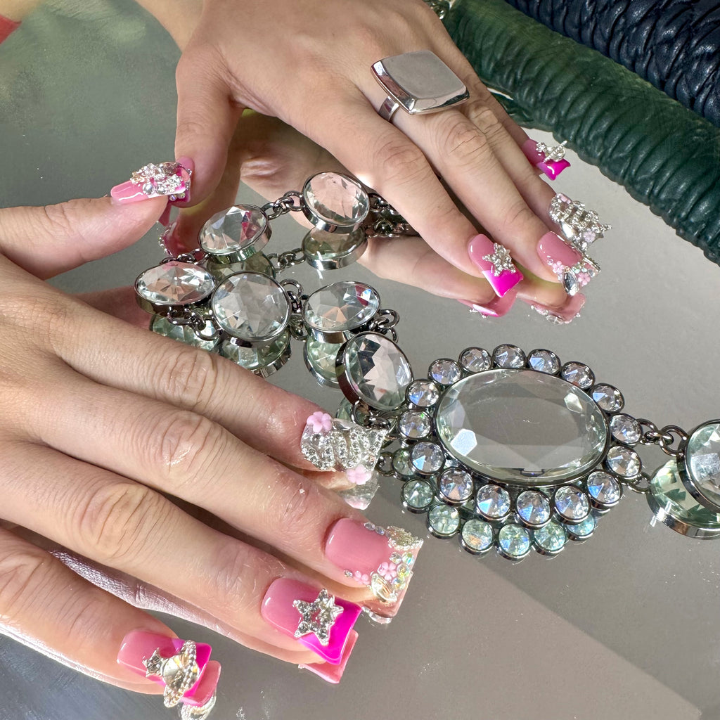 Crystal Star & Bow Pink 3D Press-On Nails