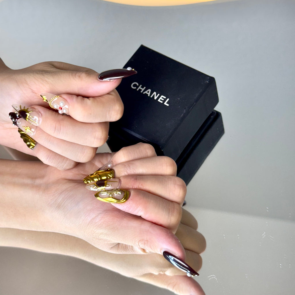 Royal Burgundy & Gold Nail Set – Luxury Press-On Nails with Pearl Accents