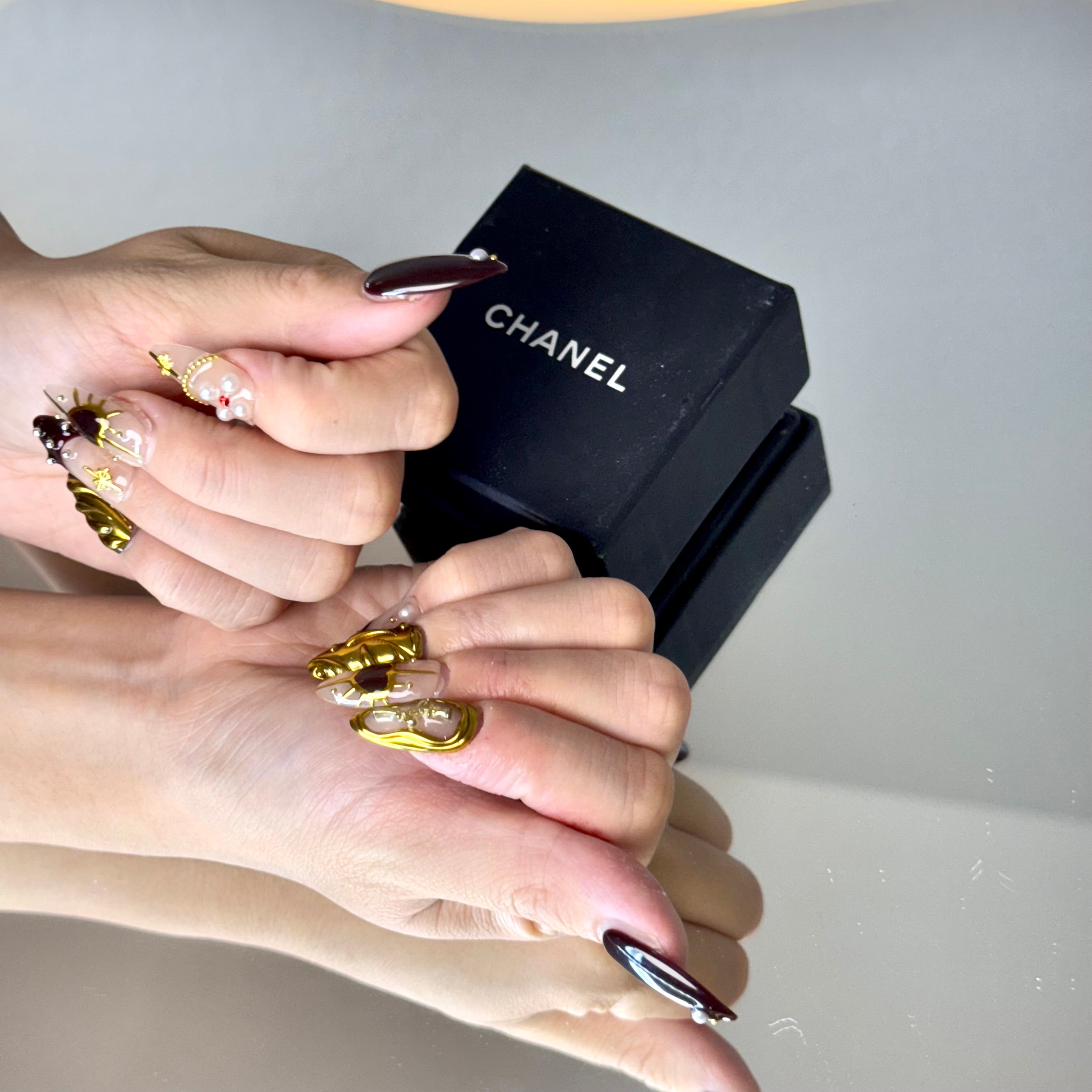 Royal Burgundy & Gold Nail Set – Luxury Press-On Nails with Pearl Accents