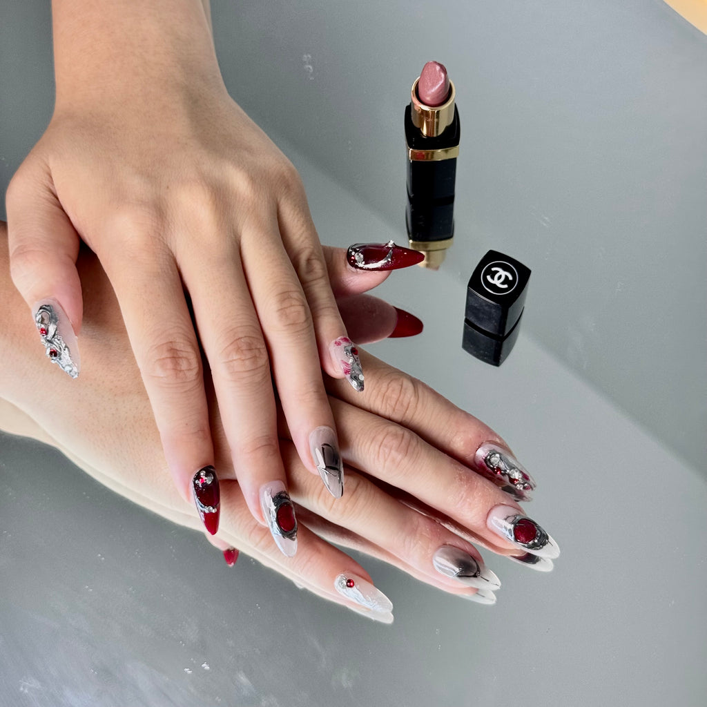 Luxury Red & Silver Gem Press-On Nails – Elegant Almond Shape