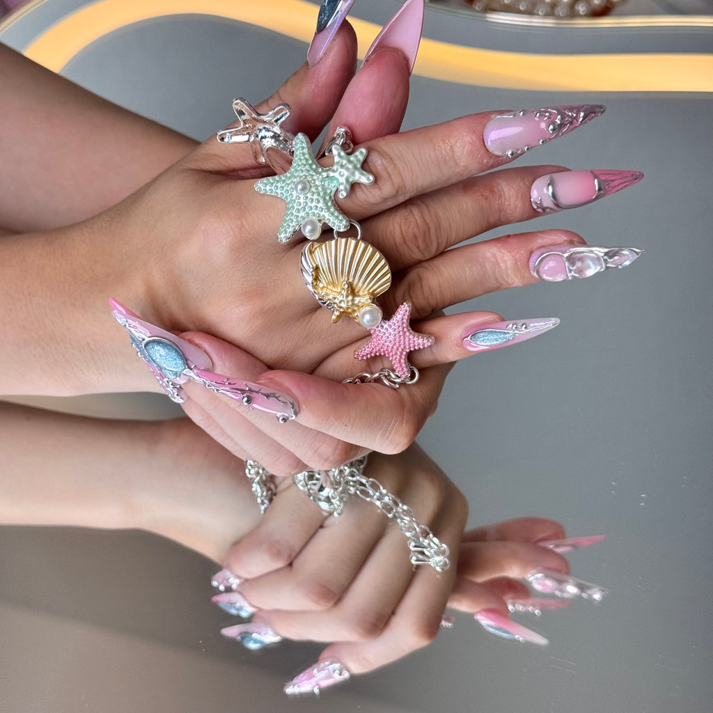 Mermaid Pink Chrome Nail Set – Ocean-Inspired Long Stiletto Press-On Nails